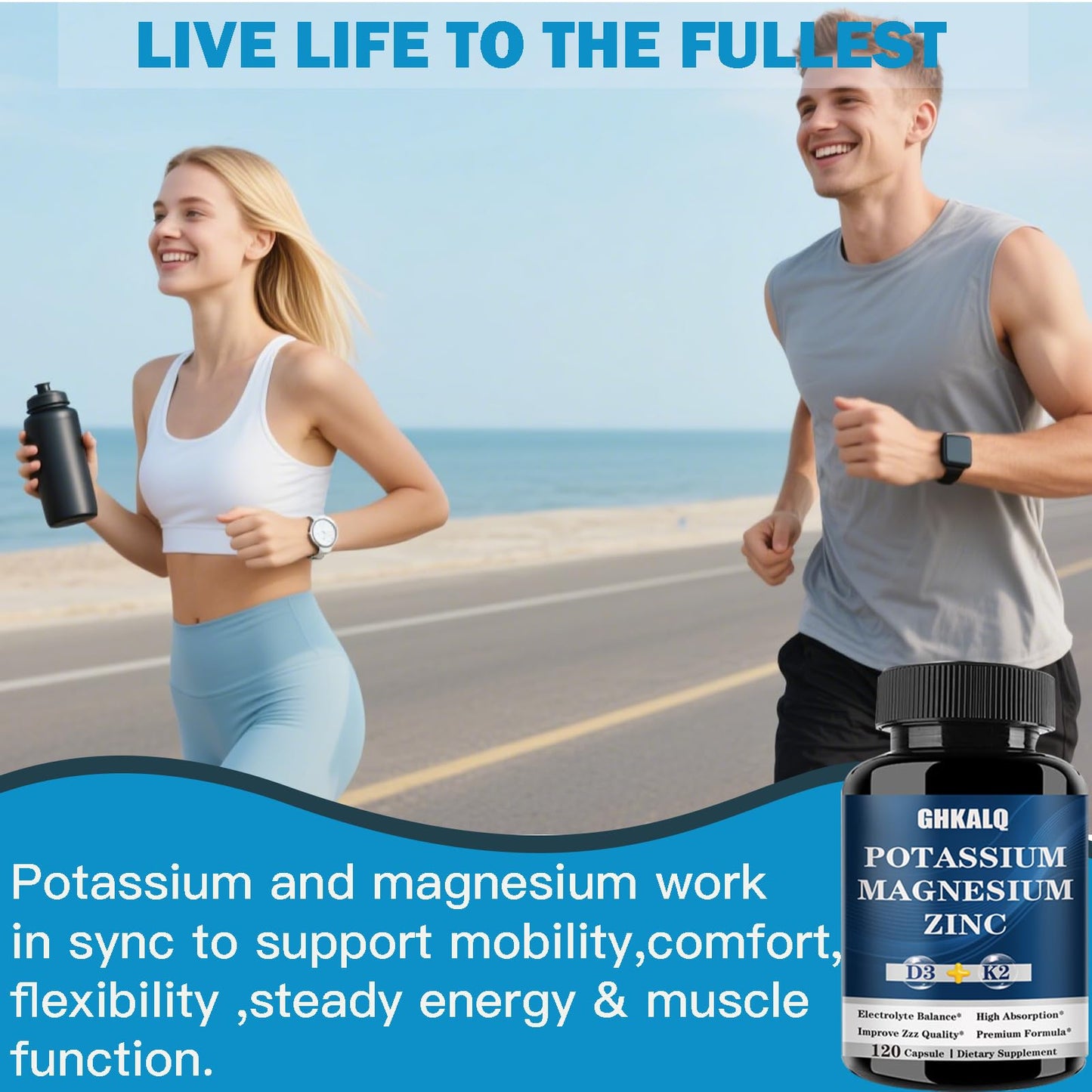 GHKALQ Potassium Magnesium Supplement Capsule with Potassium Citrate, Magnesium Glycinate, Zinc, Vitamin D3 & K2, High Absorption, Immune & Energy Support, Non-GMO, 120 Capsules