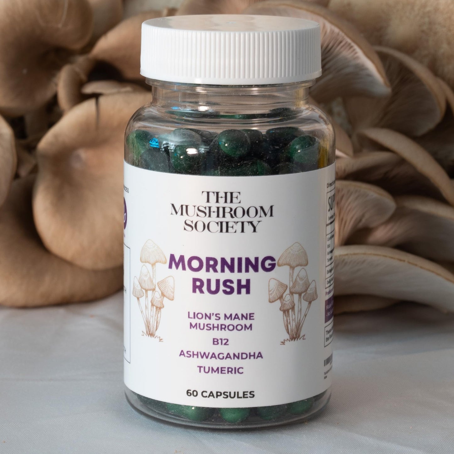 The Mushroom Society Morning Blend with Lion's Mane, Ashwagandha, Turmeric & Vitamin B12 Capsules, 60 Count