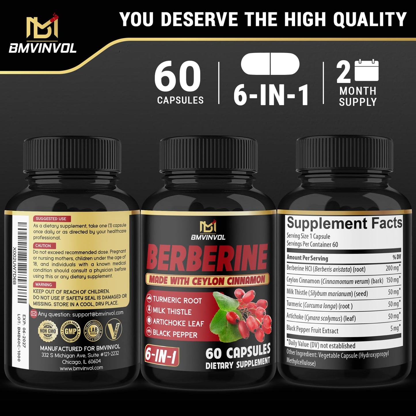 BMVINVOL Berberine with Ceylon Cinnamon, Turmeric, Milk Thistle, Artichoke, Black Pepper Capsules, 60 Count