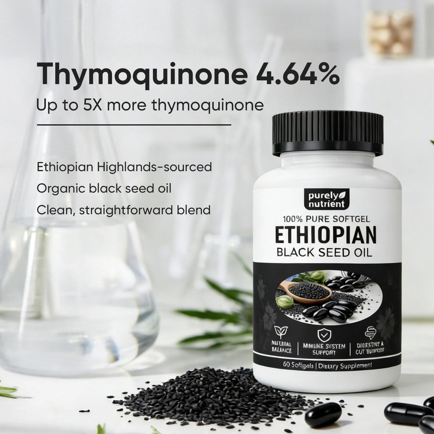 PURELYNUTRIENT Ethiopian Black Seed Oil Softgels, 60 Softgels