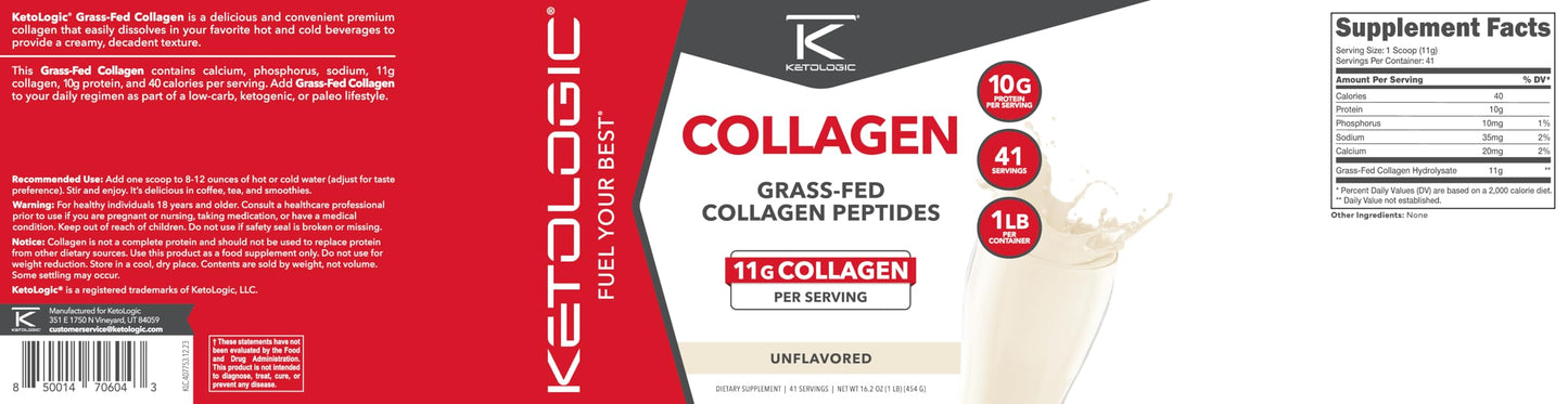 Ketologic Grass Fed Collagen Hydrolysate Powder, 16.2 oz