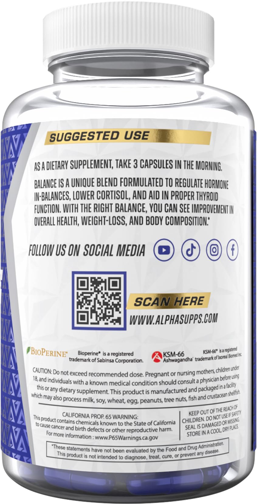 Alpha Supps Alpha Balance Hormonal and Healthy Stress Level Support with Inositol and Ashwagandha 90 Capsules