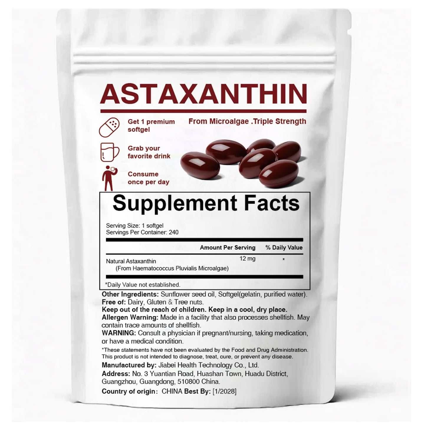 ZEYARUIBO Astaxanthin 12mg Antioxidant Supplements Capsules, 240 Count