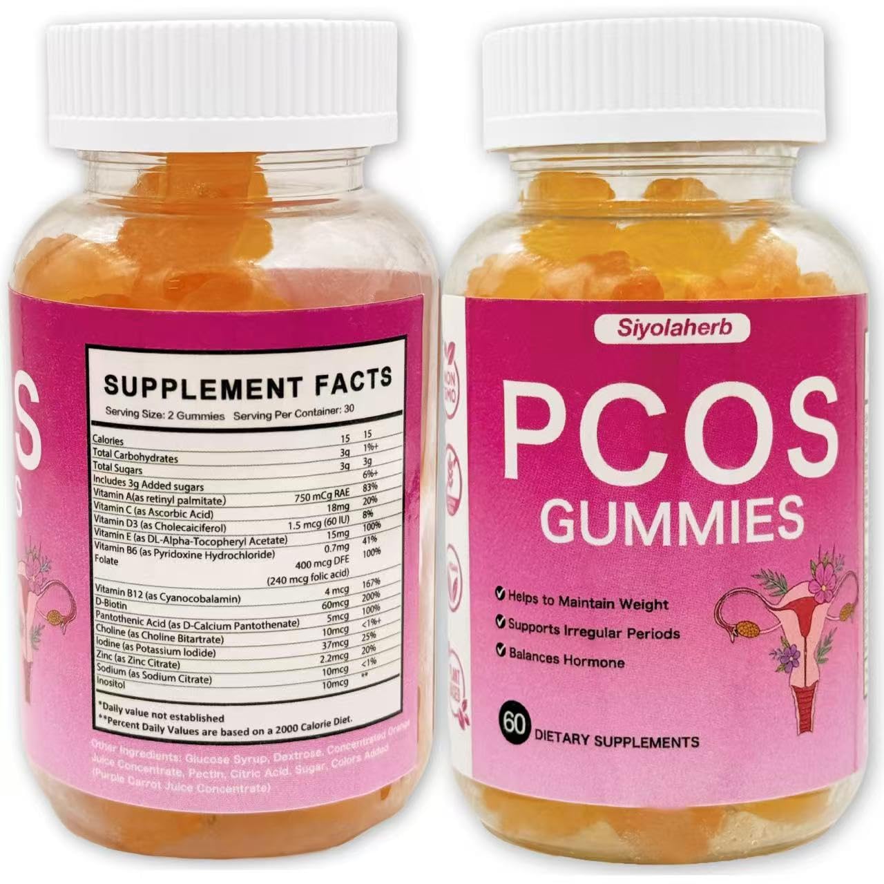 Siyolaherb PCOS Vitamins Gummies with Inositol for Women, Hormone Balance & Fertility Support, 60 Gummies (7.7)