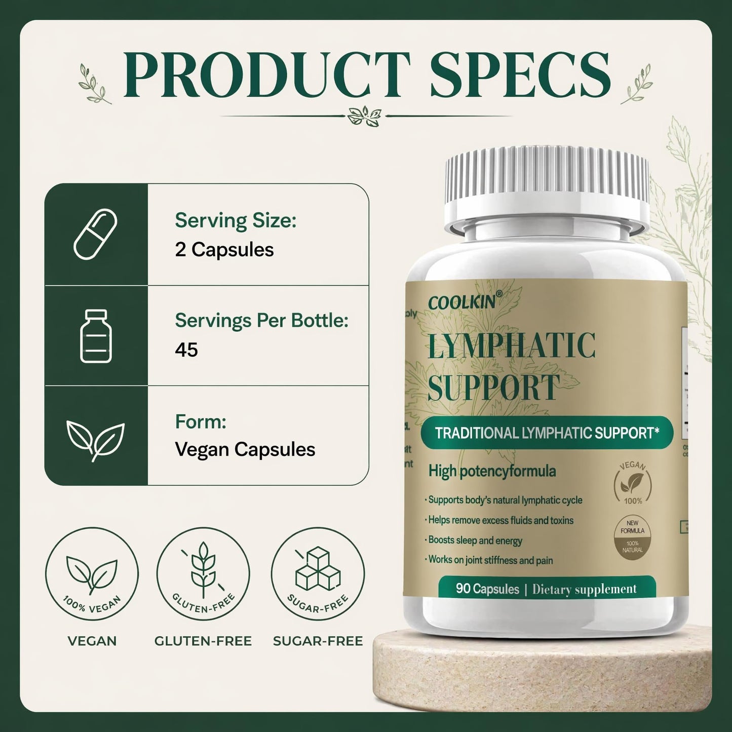 COOLKIN Natural Lymphatic Drainage Supplement Capsule 60 Count