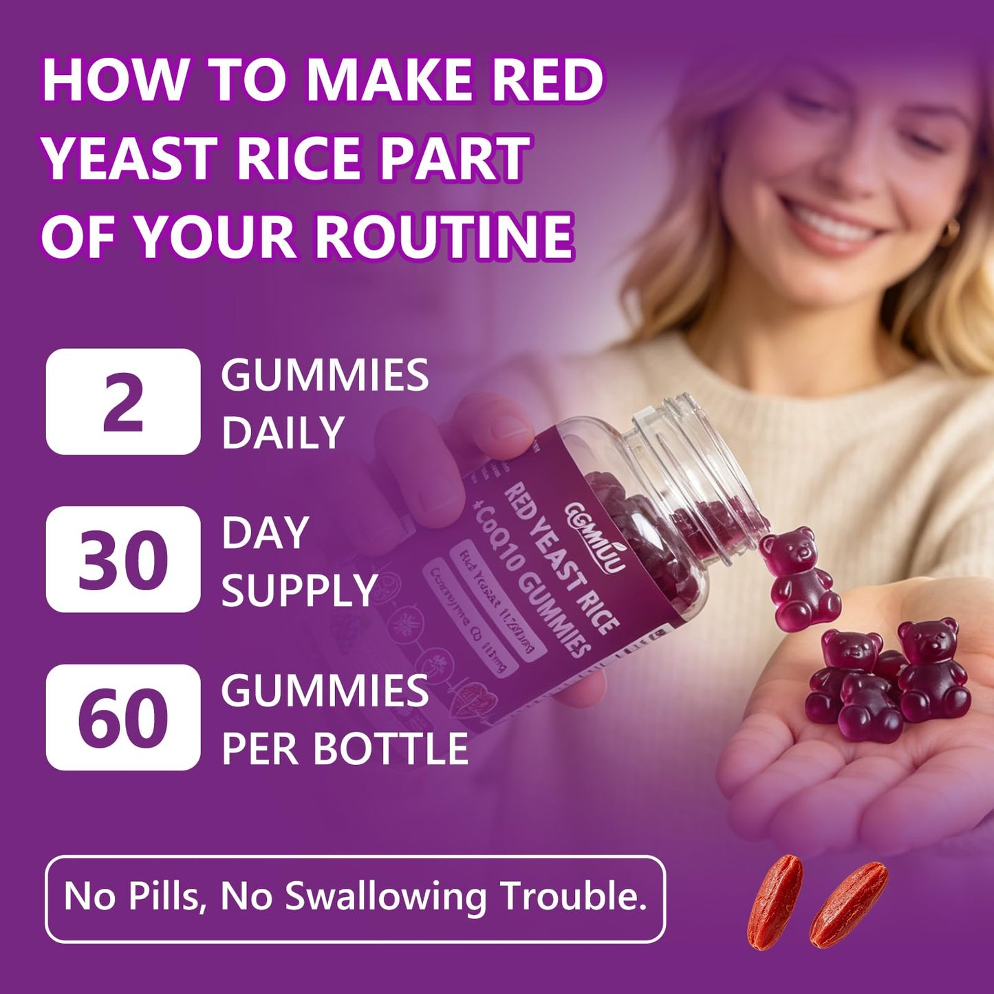 GGMMUU Red Yeast Rice with CoQ10 Gummies 1200mg, Sugar Free, 120 Count