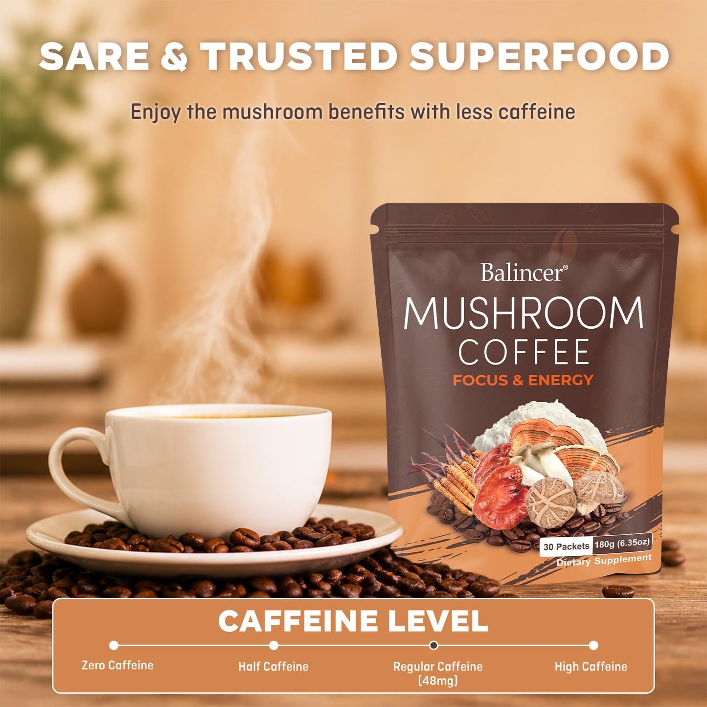 Balincer Mushroom Coffee Powder, 6 Adaptogenic Mushrooms (Lion's Mane, Cordyceps, Turkey Tail) for Focus, Energy, and Gut Health, 6.35 oz