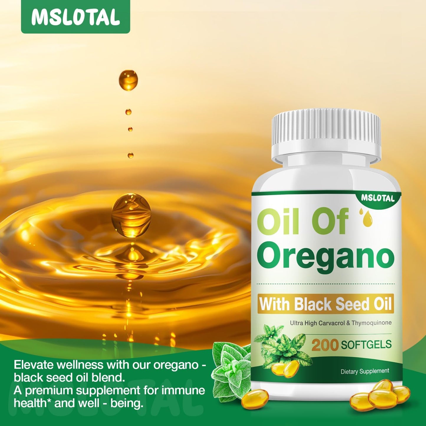MSLOTAL Oil of Oregano with Black Seed Oil Softgels, 200 Count