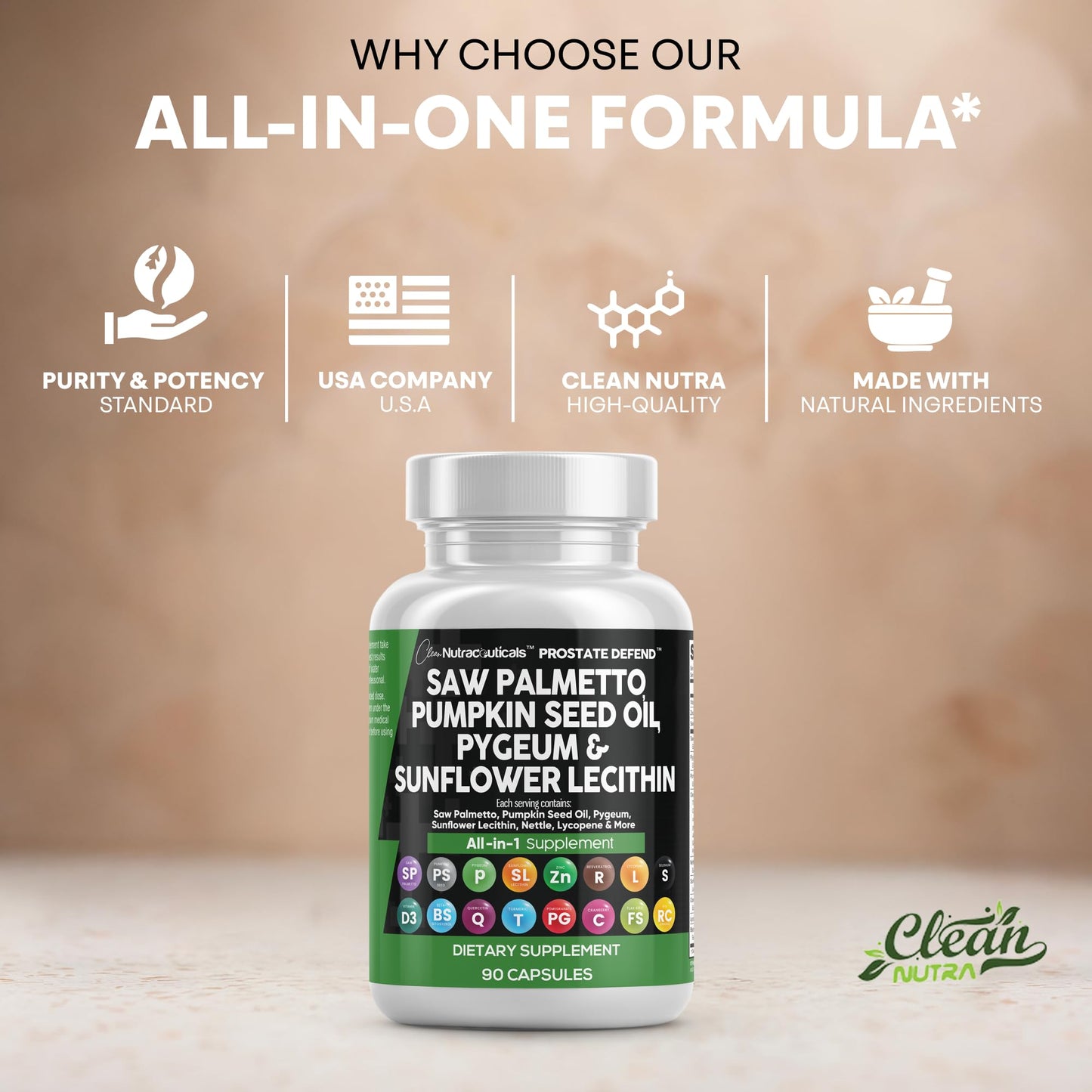 Clean Nutraceuticals Saw Palmetto Prostate Support with Pumpkin Seed Oil, Pygeum, Sunflower Lecithin, Stinging Nettle, Cranberry and Lycopene 180 Capsules