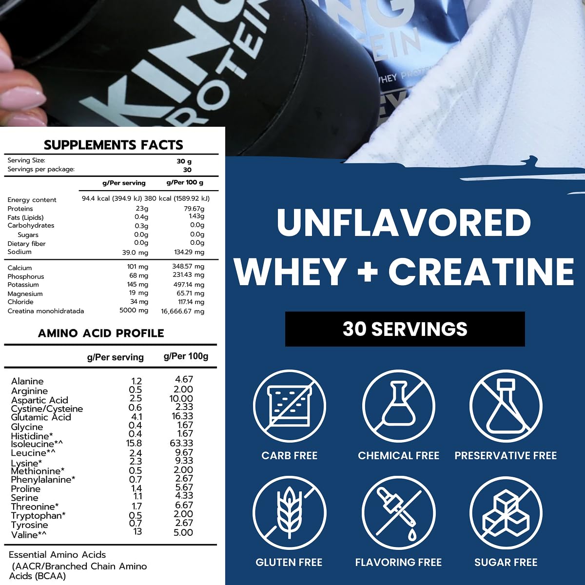 KING Protein Clean Unflavored Whey Isolate Protein Powder with Creatine, 23g + 5g Creatine & Organic BCAA per Serving, 100% Natural, No Carbs, Preservatives-Free, GMO-Free, Soy & Gluten Free, 1.98 Pound, 30 Servings