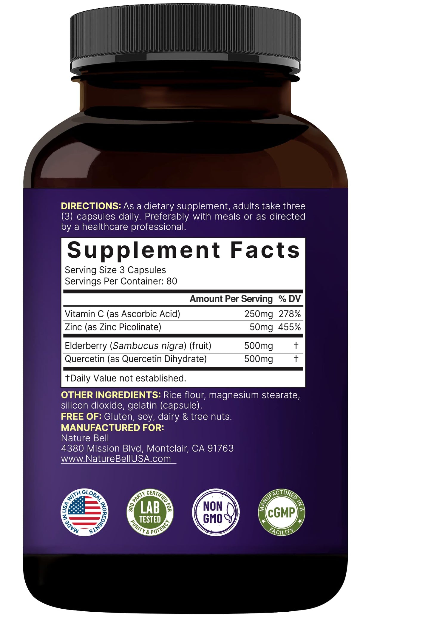 NatureBell Elderberry with Vitamin C, Zinc & Quercetin Capsules, 240 Count