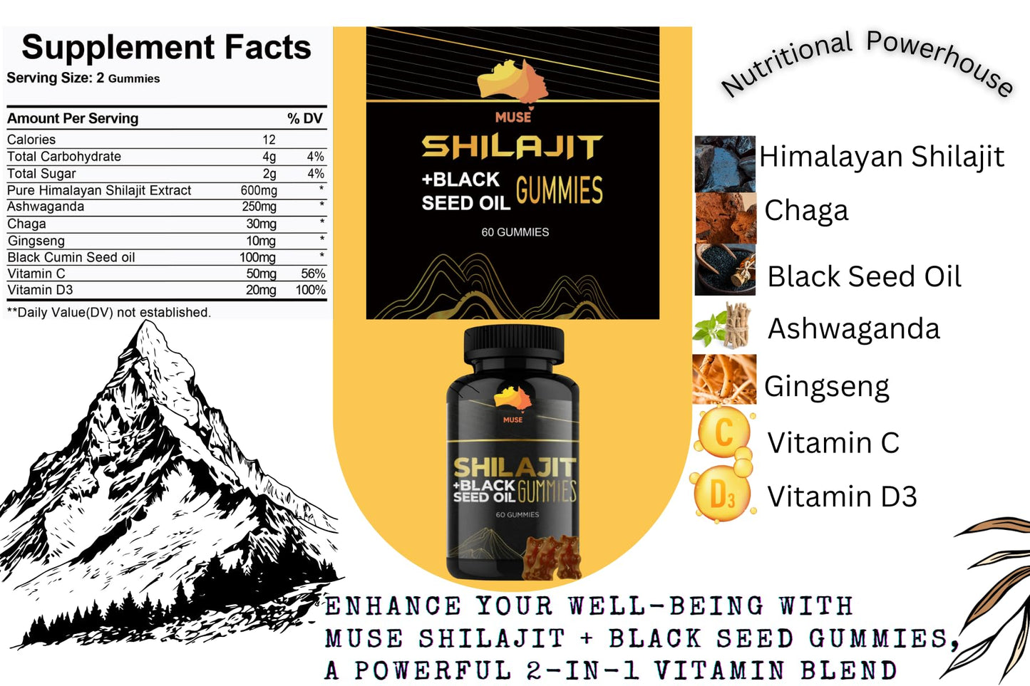 Muse Celtic Minerals Shilajit and Black Seed Gummies, Gummy, 60 Count