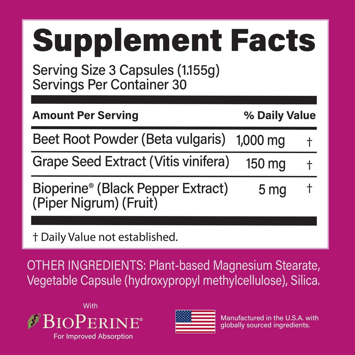 Kabooya Beet Root Capsules 1,000 mg Beet Root Extract with Grape Seed & Black Pepper Extract for Healthy Circulation, Vegan, Non-GMO, 60 Capsules
