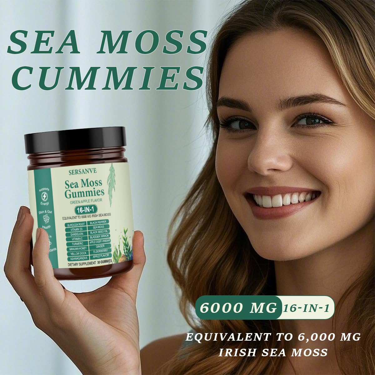 SERSANVE Sea Moss Gummies 16-in-1 with Ashwagandha Burdock Black Seed Oil Gummy 30 Count