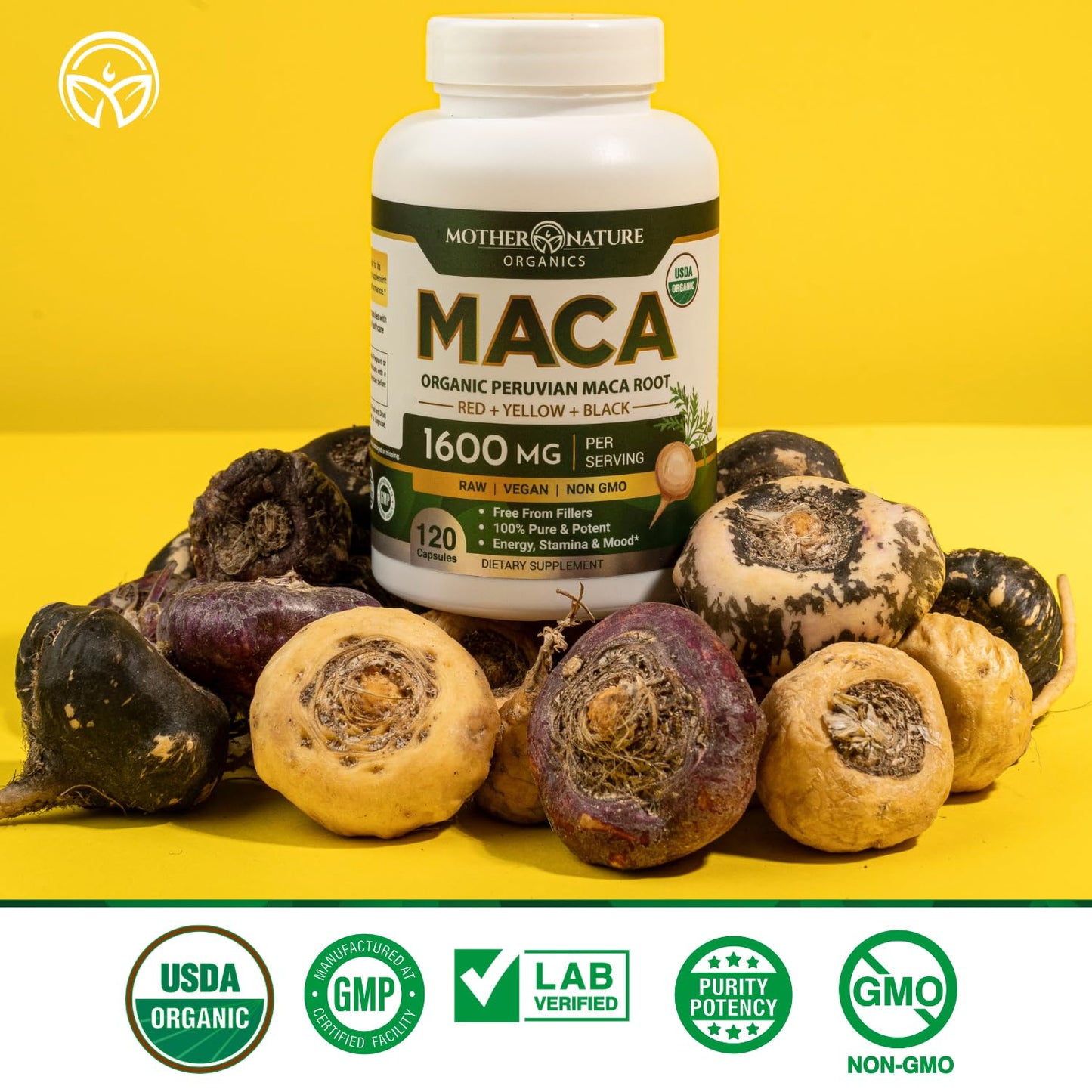 Mother Nature Organics Superfoods for Organic Living Maca Root 1600mg, 120 Capsules