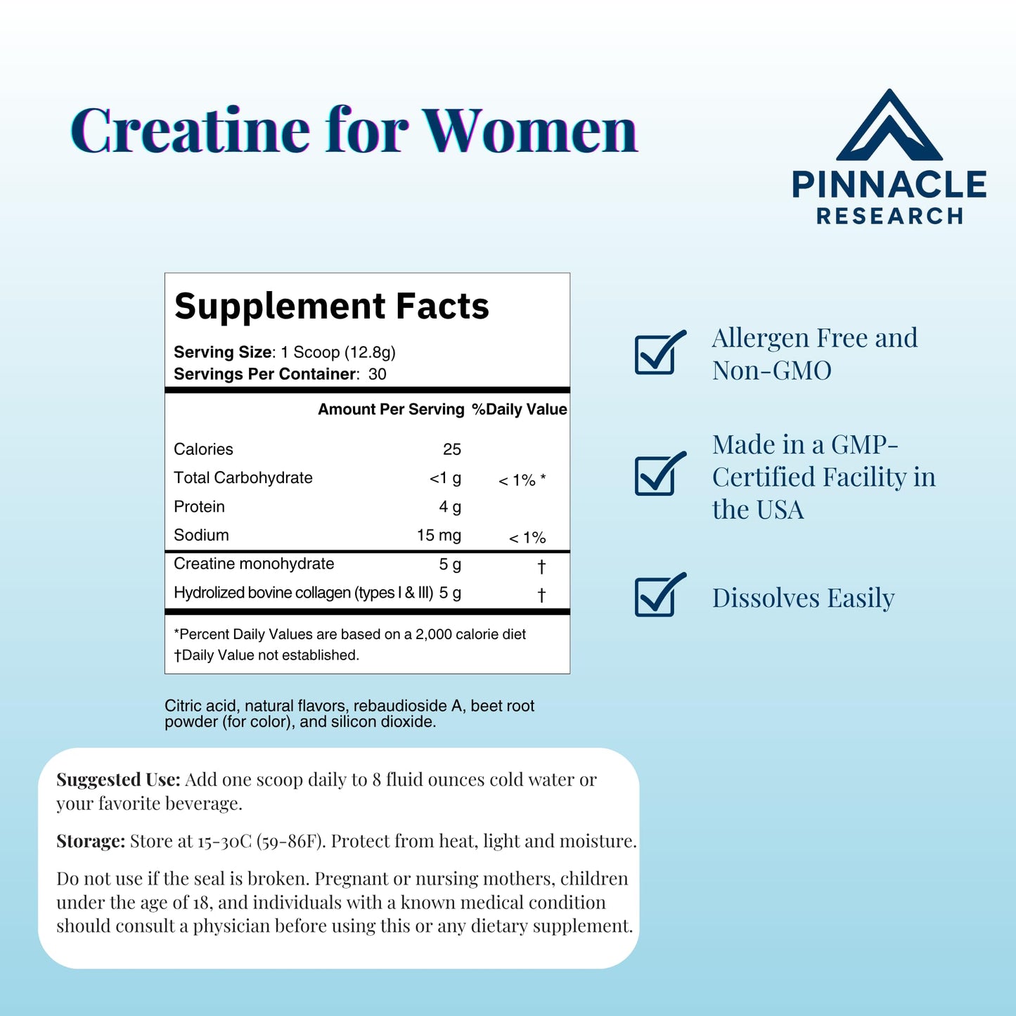 Pinnacle Research Creatine for Women + Collagen 5g Each Powder 13.8