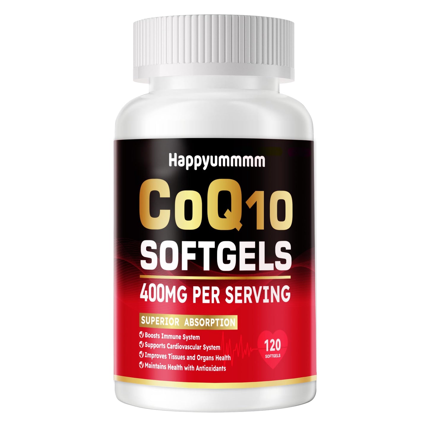 Happyummmm CoQ10 400mg Softgels with PQQ & Omega-3 (Ubiquinone), Powerful Antioxidant for Heart & Energy Support, 120 Servings