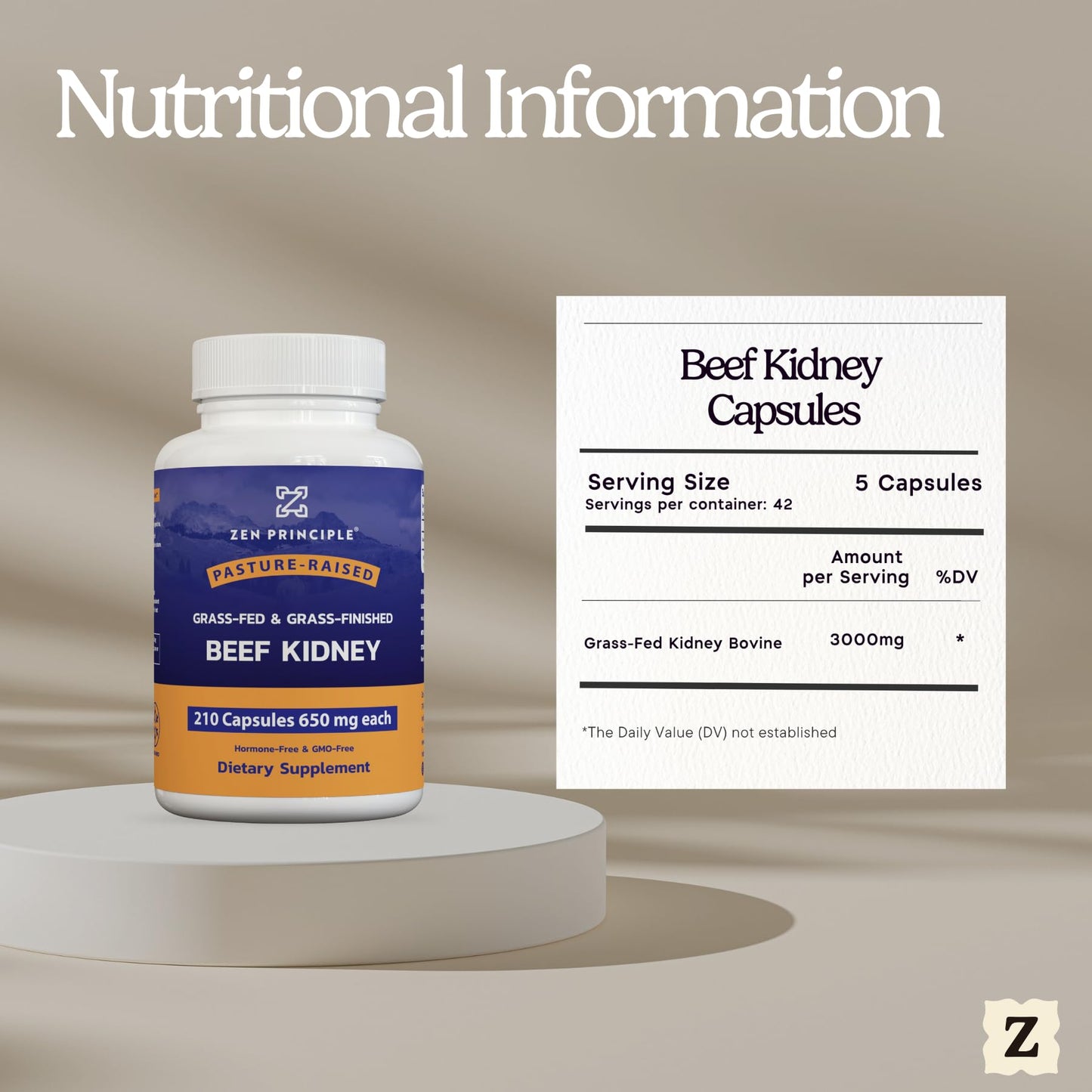 Zen Principle Grass Fed Beef Kidney Supplement Capsules, 210 Count