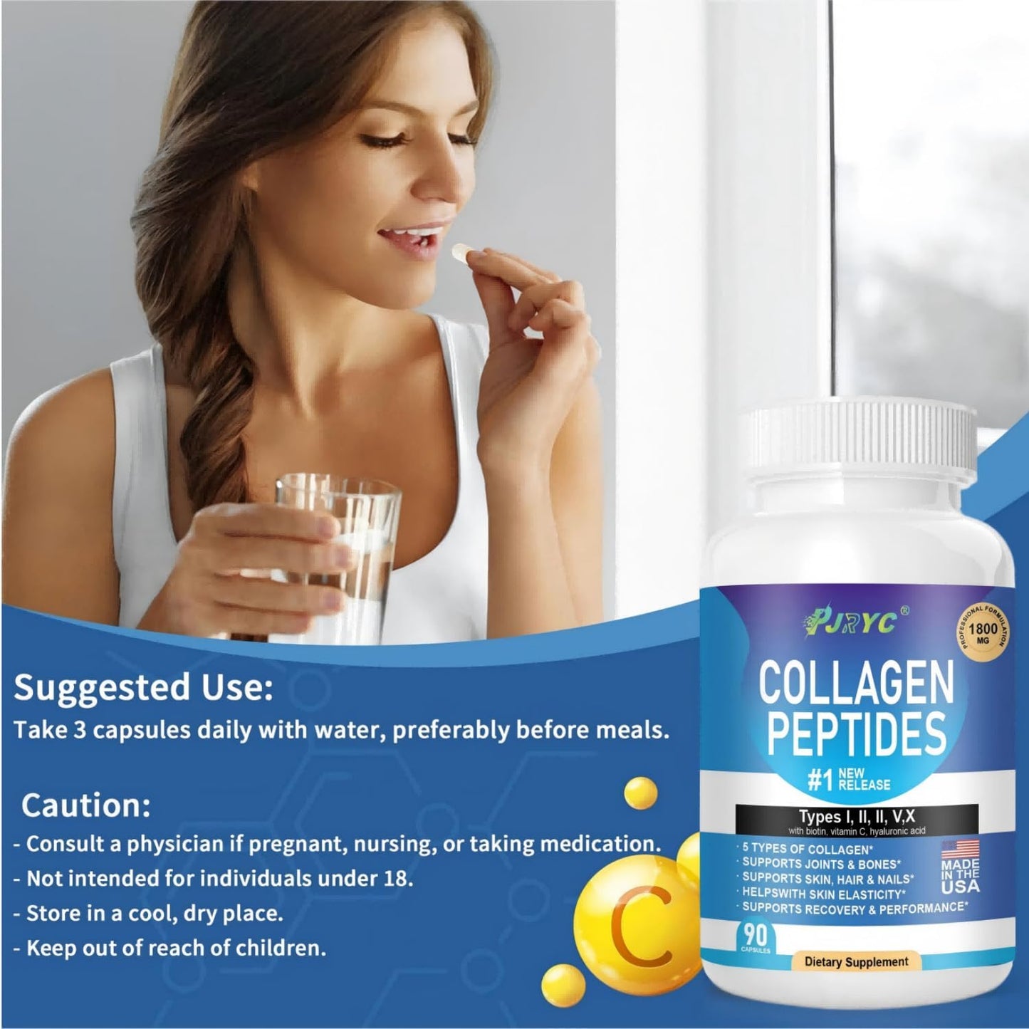 PJRYC Multi Collagen Peptides for Women & Men, 180 Capsules