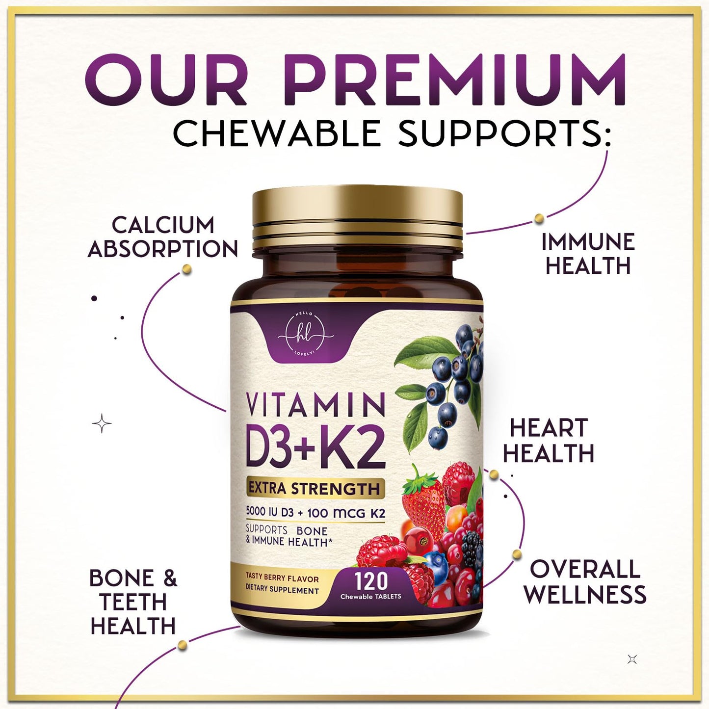 Hello Lovely! Vitamin D3 K2 Complex 5000 IU 120 Tablets