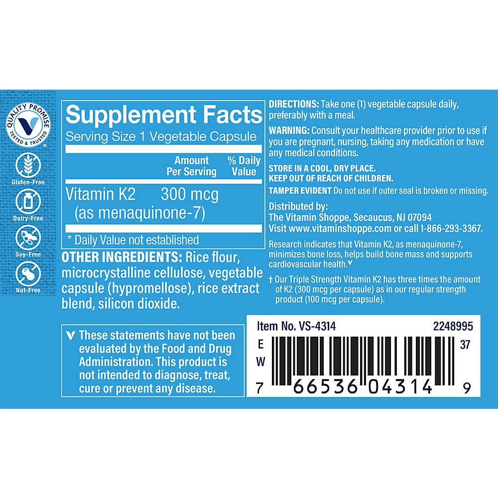 The Vitamin Shoppe Vitamin K2 MK-7 300mcg Triple Strength Capsules, 60 Count