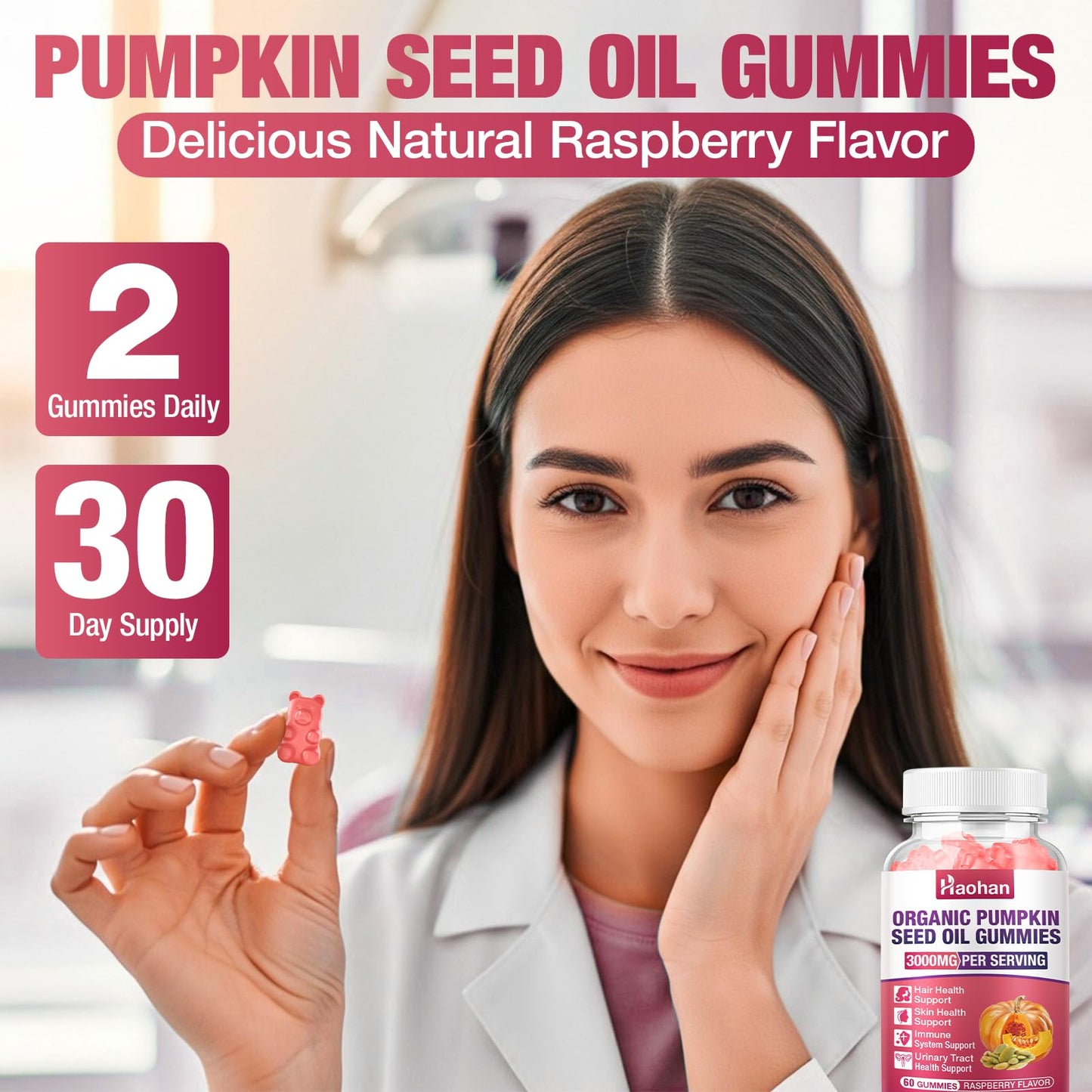 Haohan Pumpkin Seed Oil Gummies with Saw Palmetto for Hair Growth in Women & Men - Organic Hair Skin & Nails Supplement with High-Purity Extract - Raspberry Flavor, Sugar-Free, Non-GMO, 2 Bottles