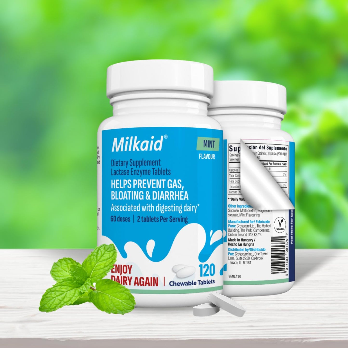 Milkaid Lactase Enzyme Chewable Tablets for Lactose Intolerance Relief, 120 Count