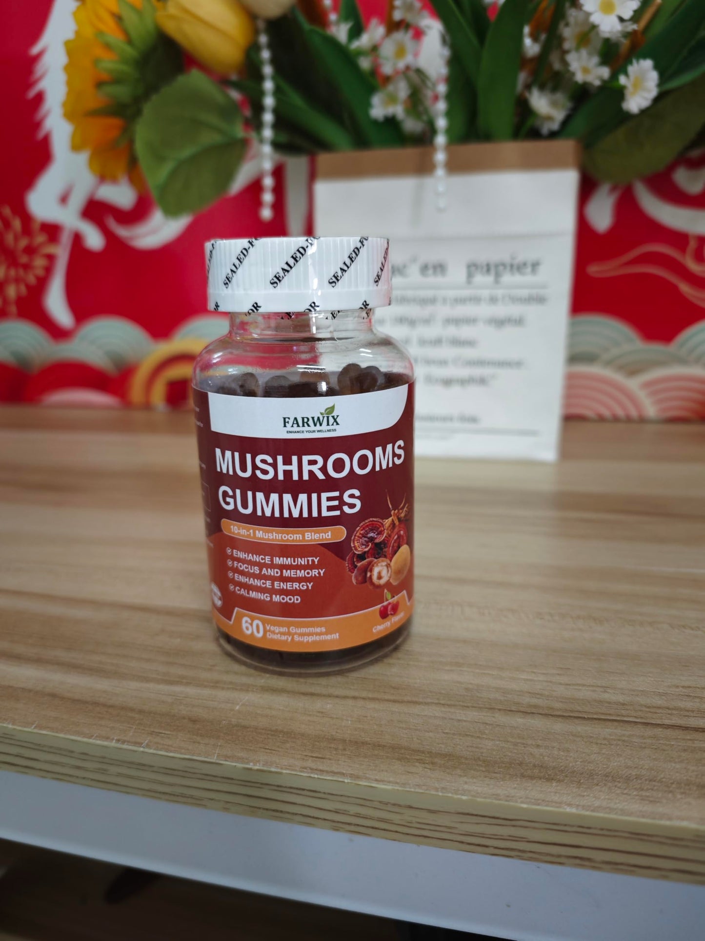 FARWIX Mushroom Gummies 10-Mushroom Blend with Lion’s Mane, Reishi & Cordyceps, Daily Focus, Energy & Balance Support, Vitamins & Botanical Extracts, Vegan Cherry Flavor, 60 Gummies