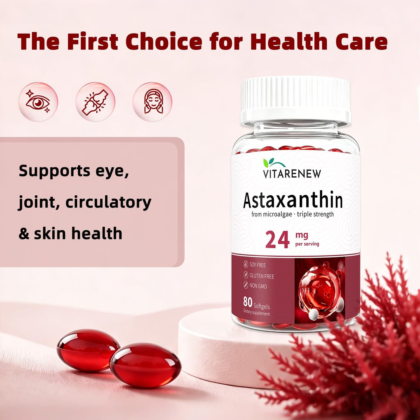 VITARENEW Astaxanthin 24mg Complex with Phosphatidylcholine, Lutein & Vitamin E High-Absorption Softgel 80 Softgels