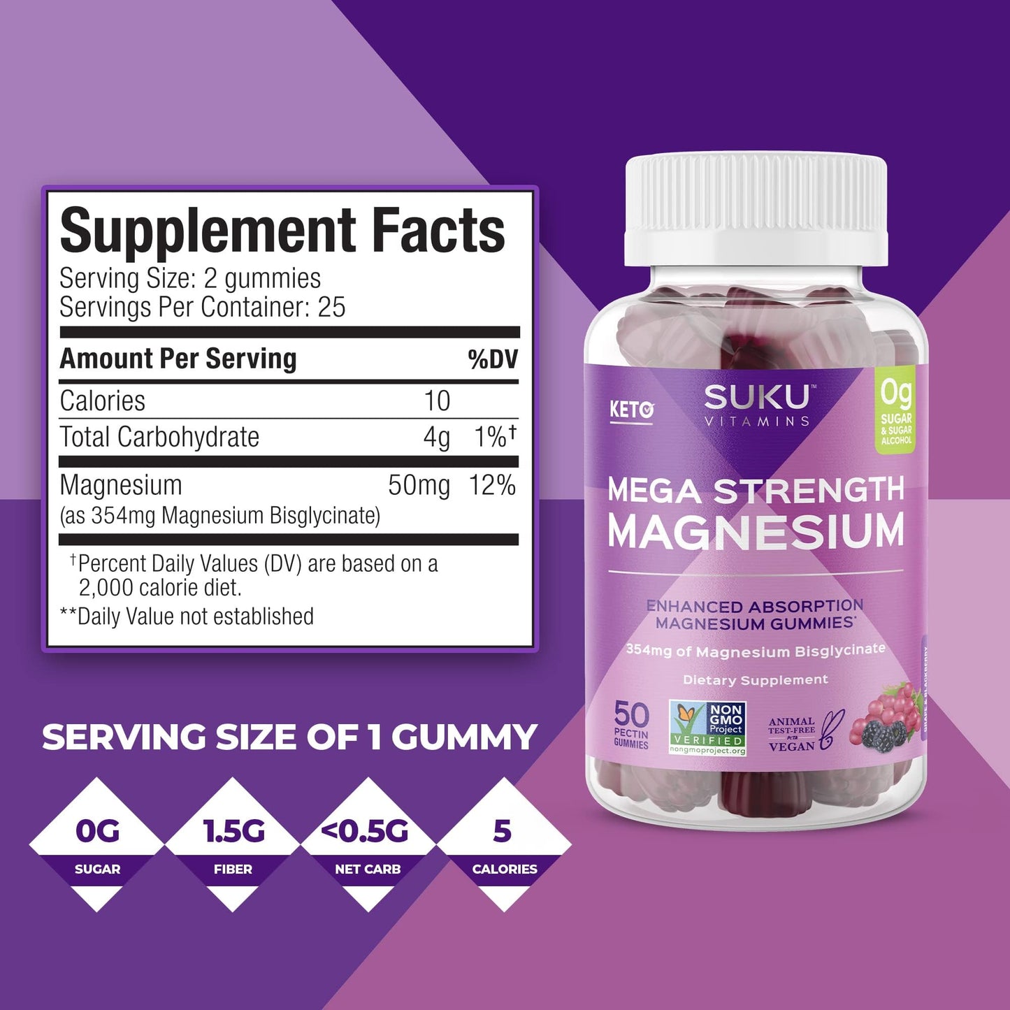 SUKU Mega Strength Magnesium - 177 mg Magnesium Bisglycinate - Gummy - 50 Count