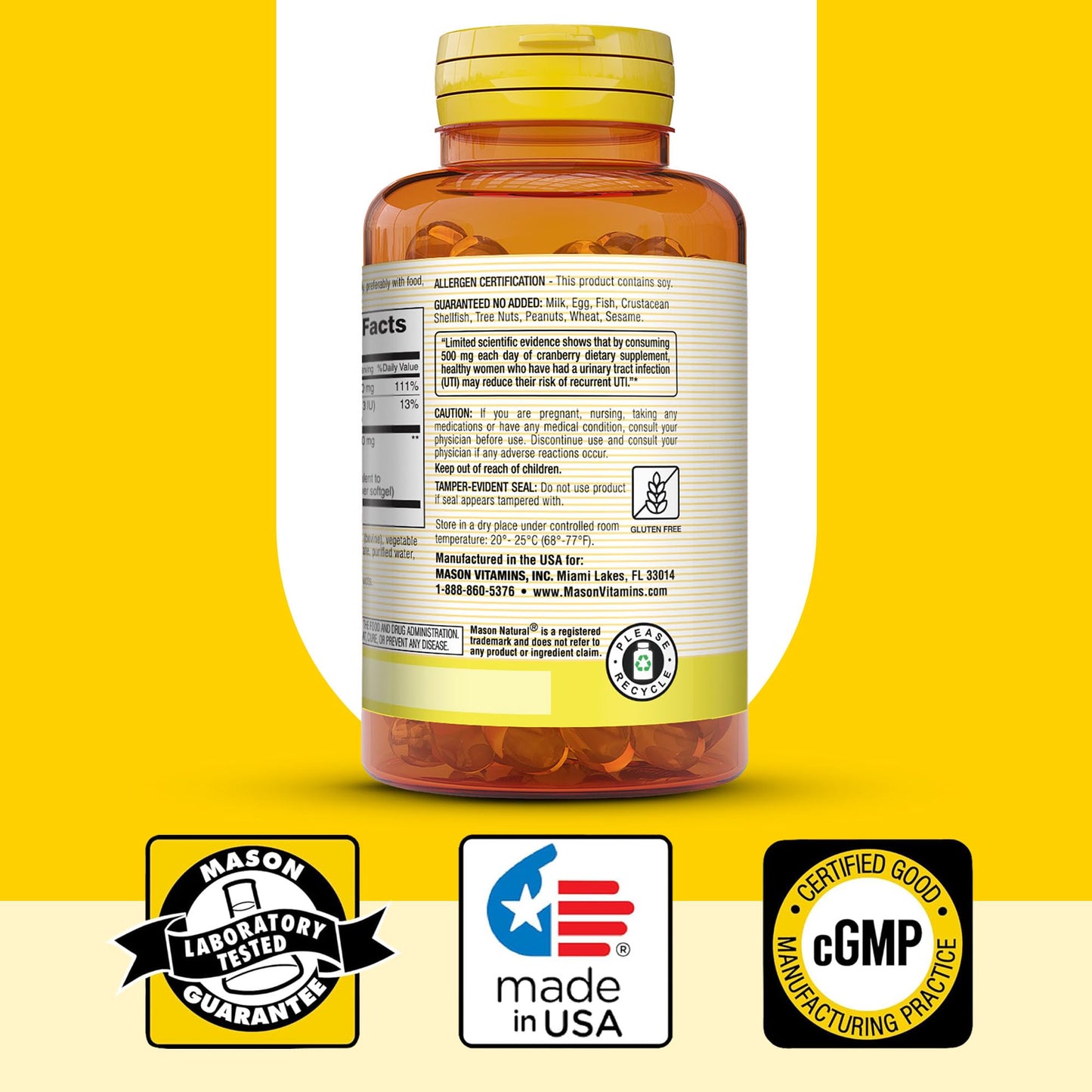 Mason Natural Cranberry 12:1 Concentrate with Vitamin C & E, Supports Immune & Urinary Health, 90 Softgels