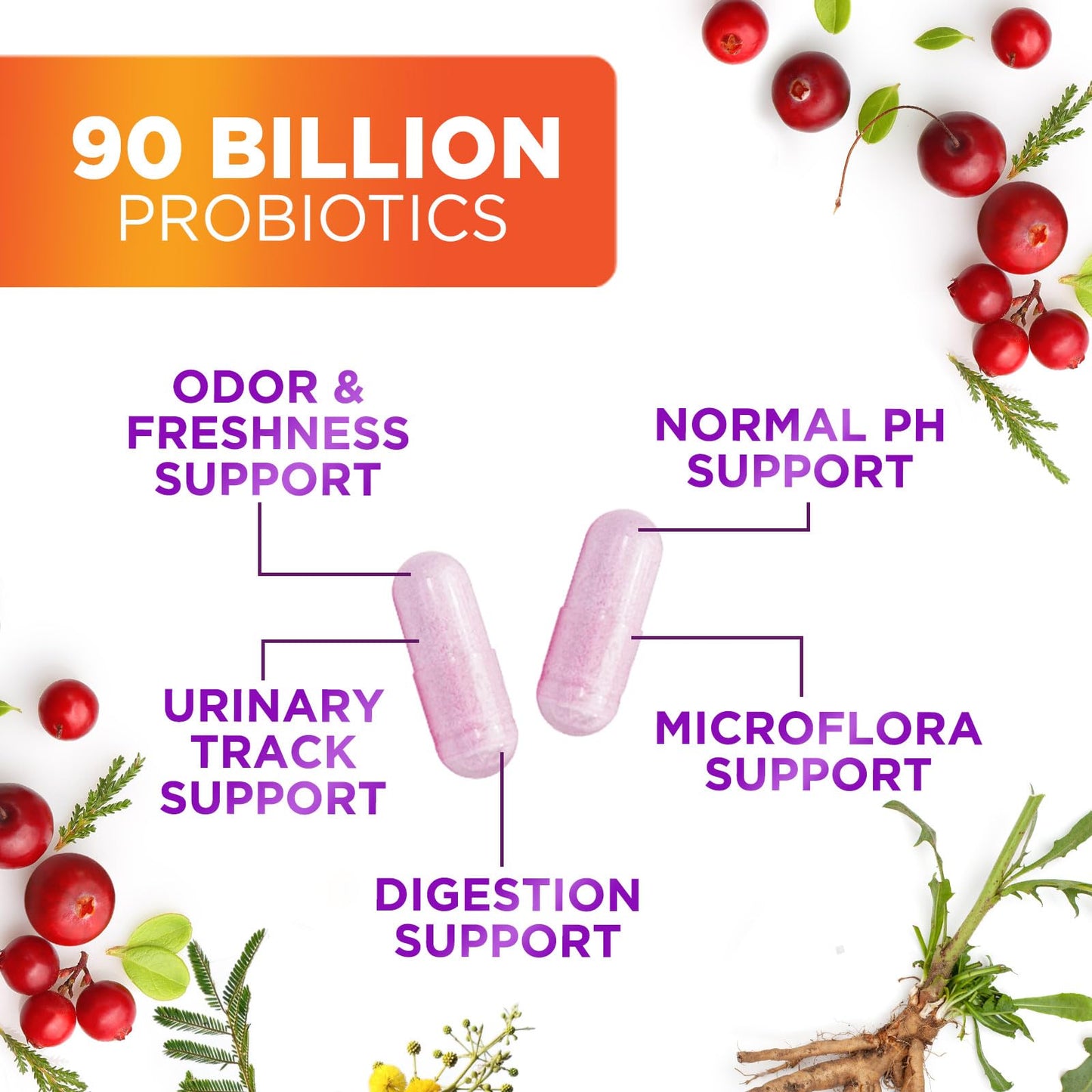 Nature's Nutrition Probiotics for Women Probiotic Blend 90 Billion CFU - 16 Strains, Cranberry & Prebiotics Capsules 120 Count