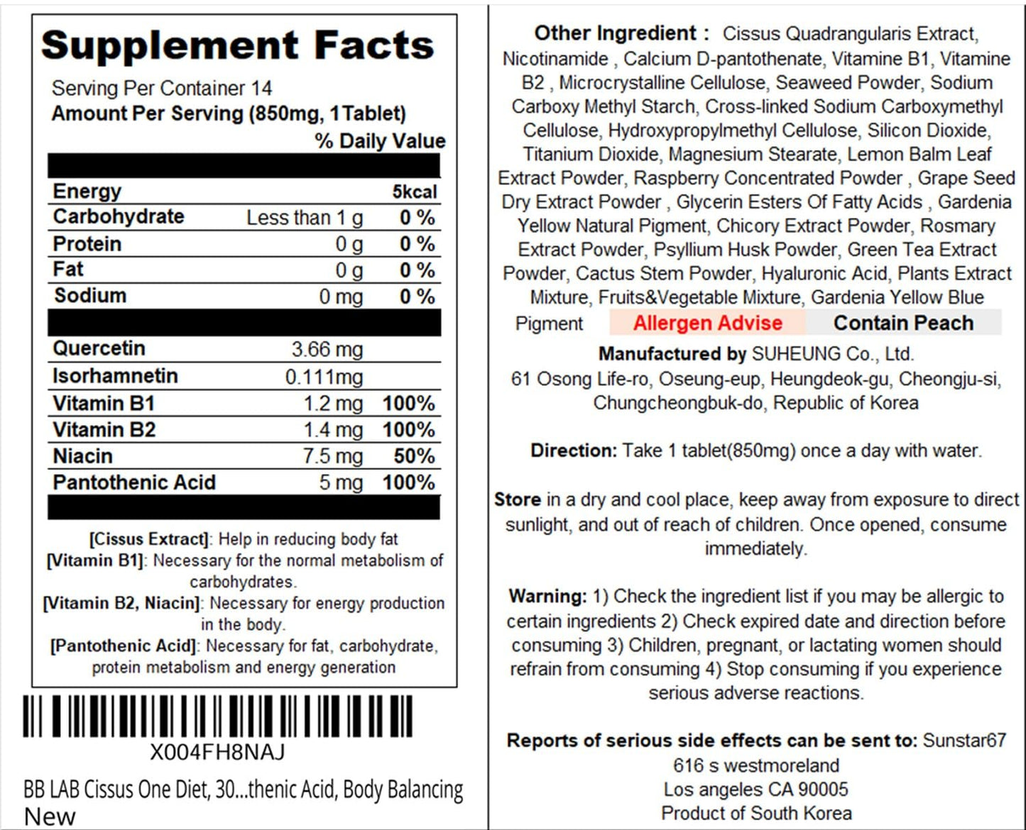 BB LAB Cissus One Diet 300mg Tablet, 14 Count