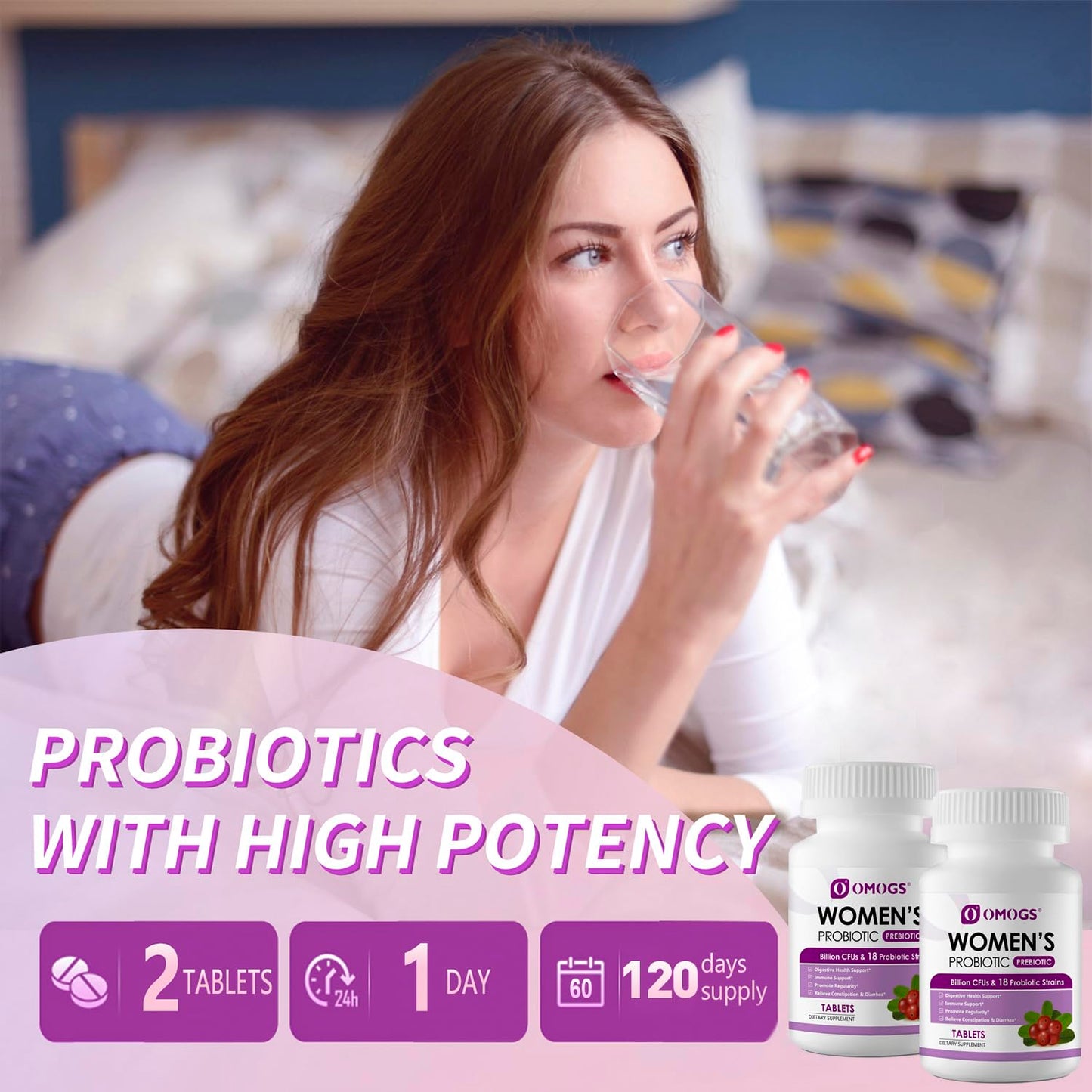 OMOGS Women's Probiotic Tablets with Cranberry Extract, Organic Prebiotics & Vitamin C, 120 Billion CFUs, 18 Strains, 240 Tablets