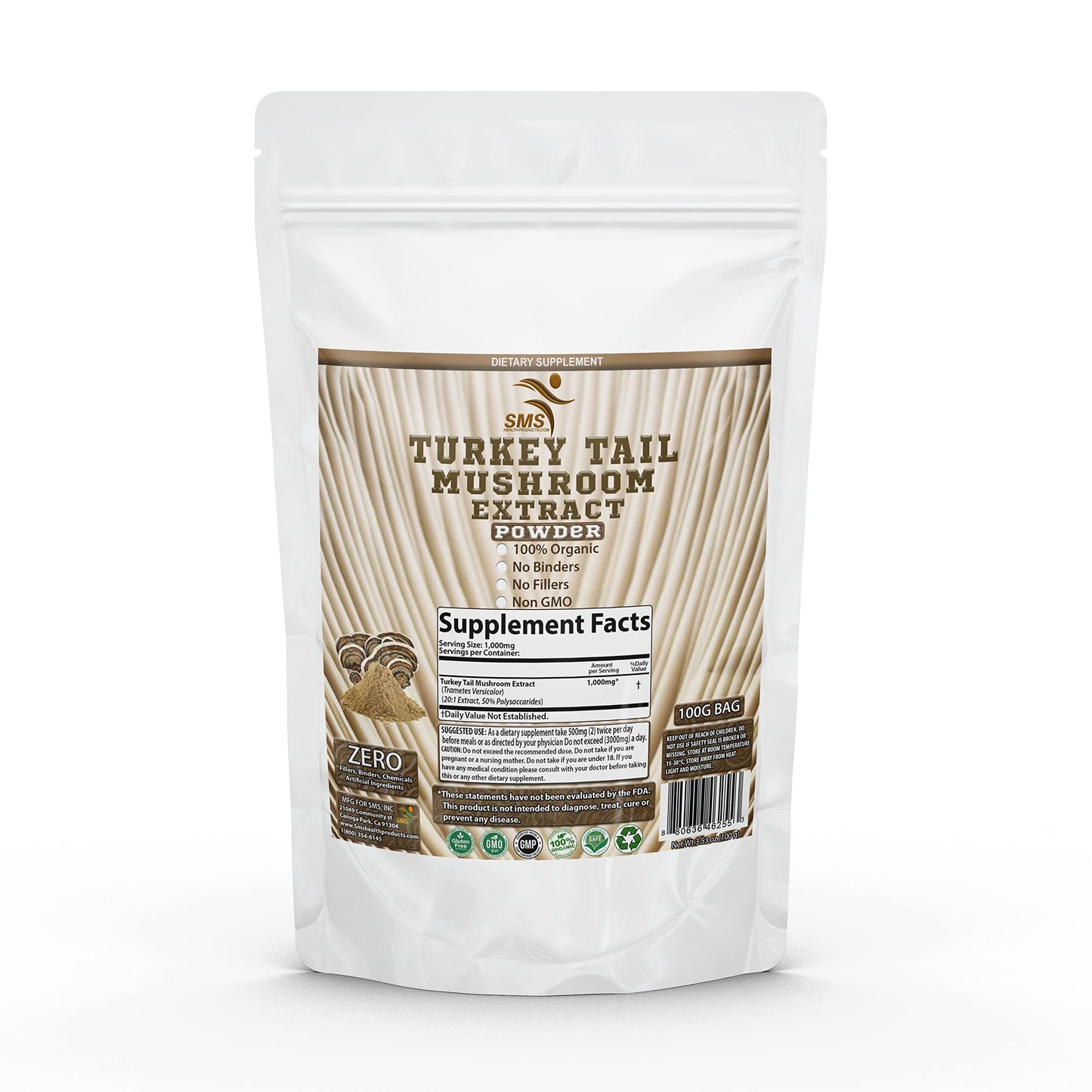 SMSHEALTHPRODUCTS.com Turkey Tail Extract Powder - 50% Poly - 20:1, 100G, Powder, 3.5274