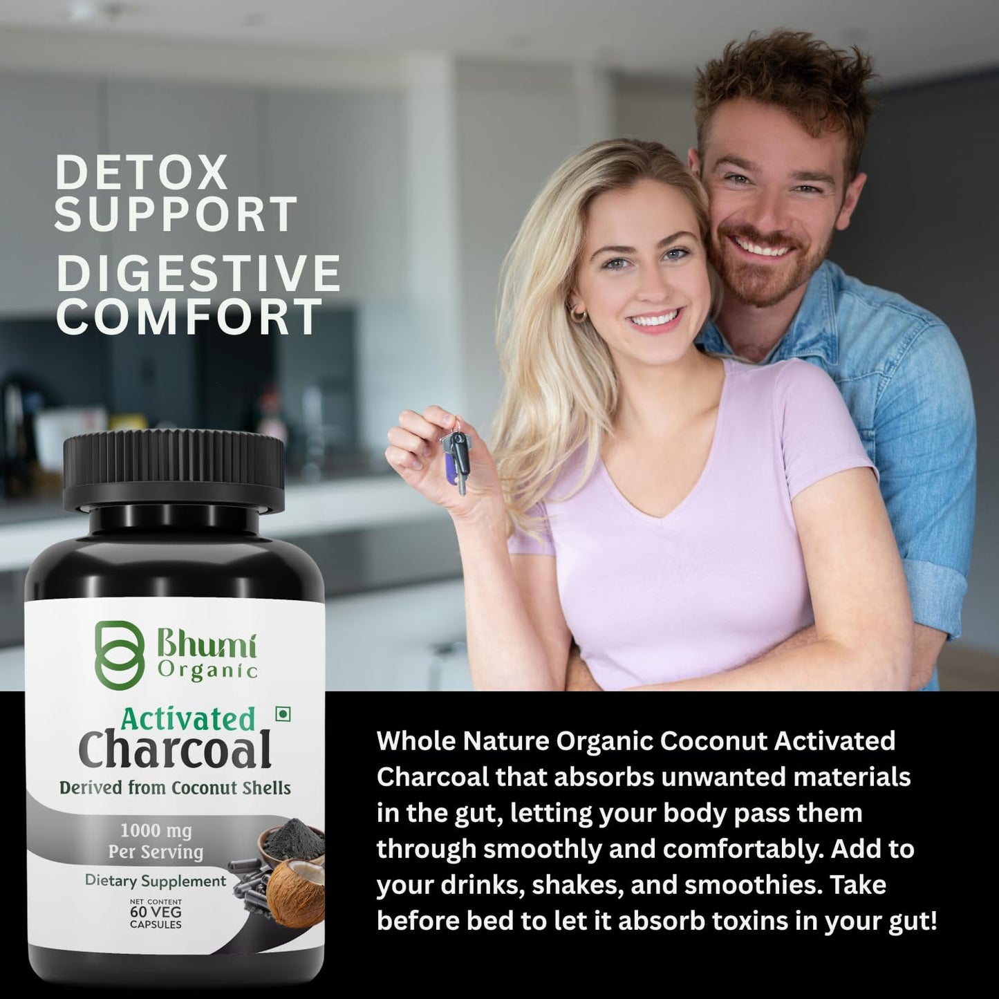 Bhumi Organic Coconut Based Activated Charcoal 500 mg Capsule 60 Count