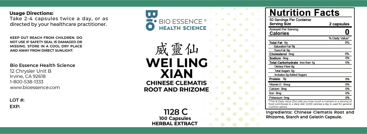 Bio Essence Health Science 1128C Wei Ling Xian, Chinese Clematidis (Raw) Capsules, 100 Count
