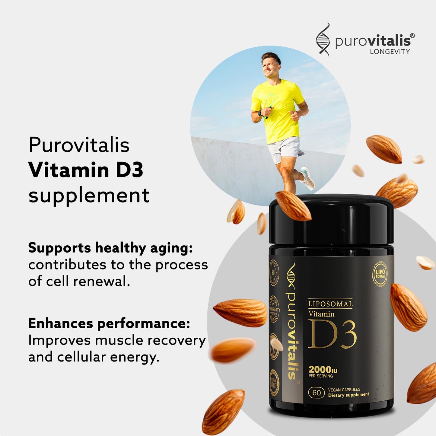 PUROVITALIS Liposomal Vitamin D3 2000iu High Strength Anti-oxidant Supplement, 60 Vegan Capsules