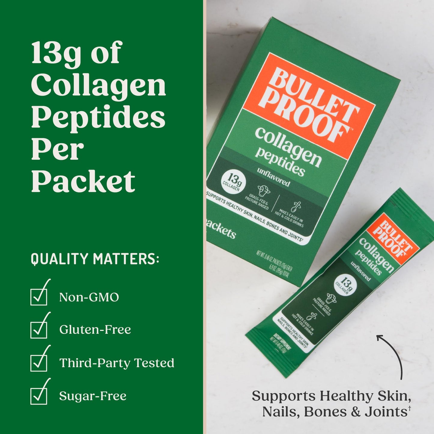 Bulletproof Unflavored Grass-Fed Collagen Peptides Powder Packets, Pack of 15