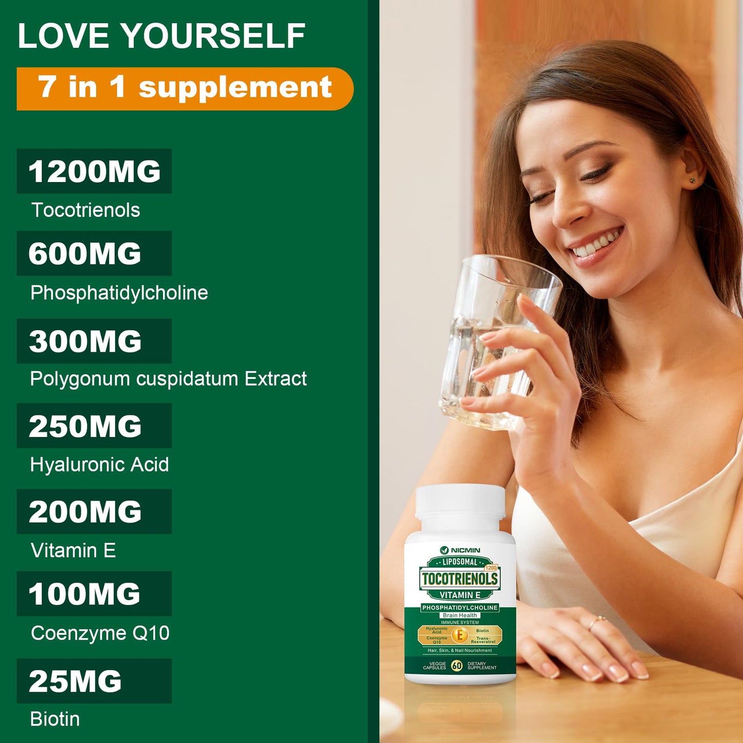 NICMIN 1200MG Vitamin E Tocotrienols Liposomal Supplement with Phosphatidylcholine, 95% Delta-tocotrienols and 5% Gamma-tocotrienols, High Absorption for Heart and Brain Function, Capsule, 120