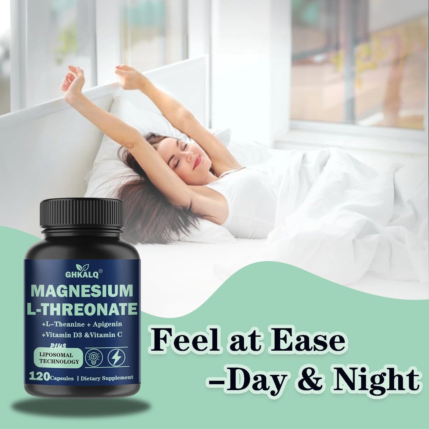 GHKALQ Liposomal Magnesium L-Threonate with L-Theanine, Apigenin, Vitamin C & D3 Capsules 120 Count