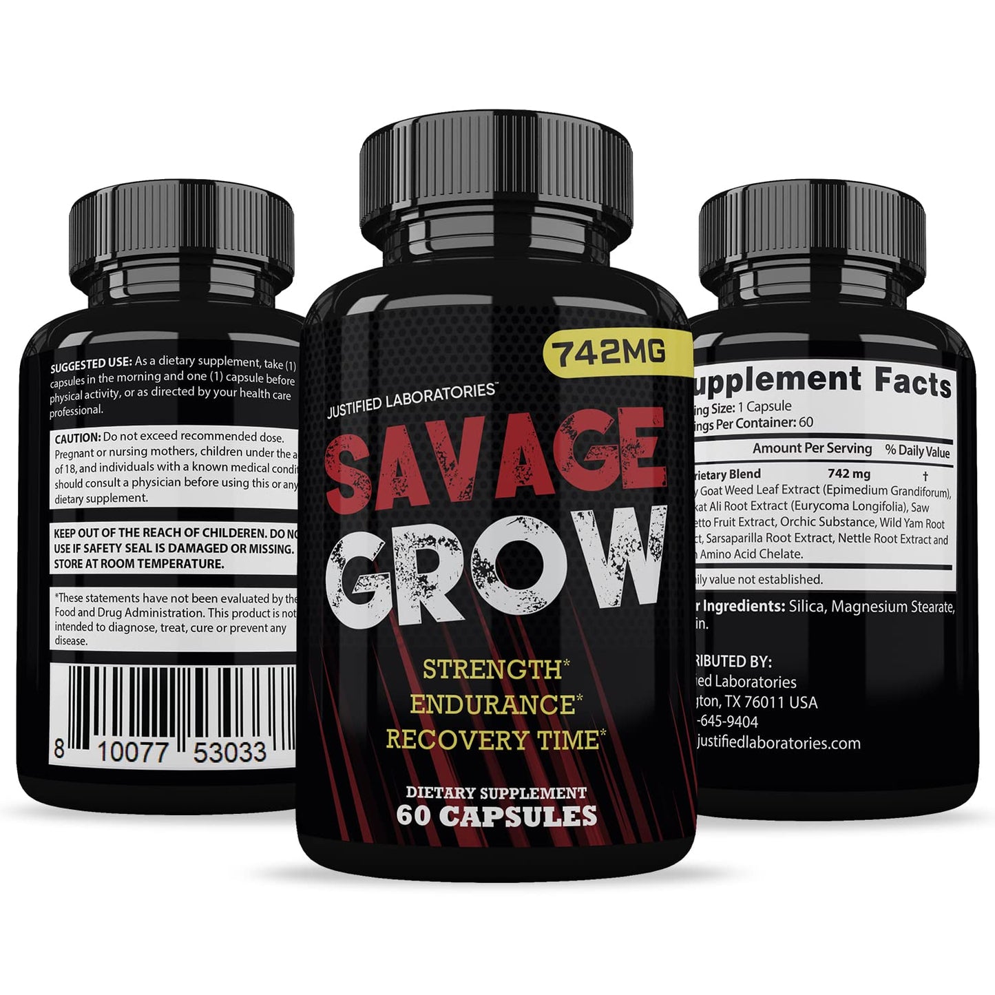 Justified Laboratories Savage Grow 742MG All Natural Advanced Men's Health Formula 180 Capsules