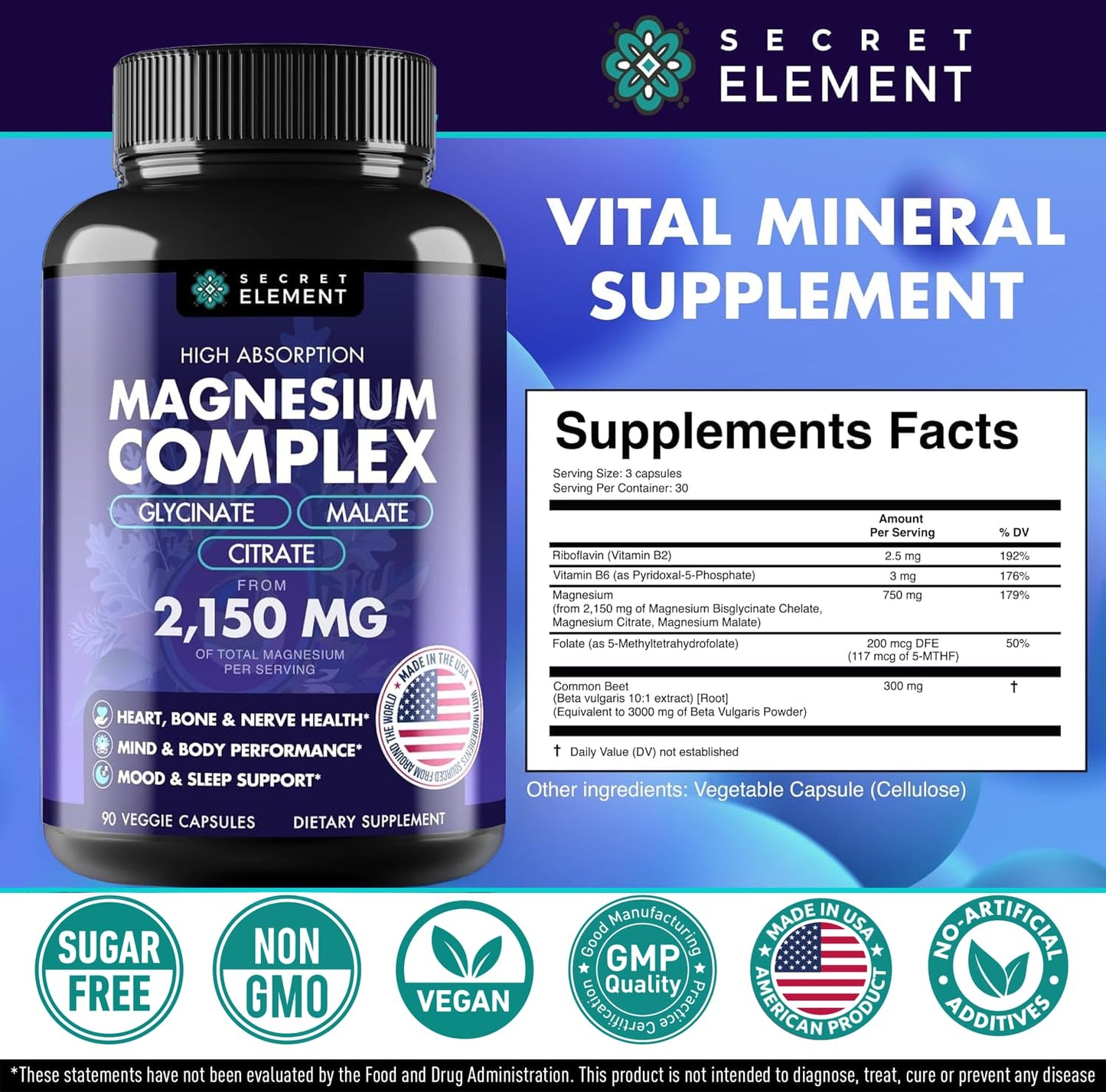 Secret Element Magnesium Complex Capsules 2,150mg with Magnesium Glycinate, Citrate & Malate, 90 Capsules
