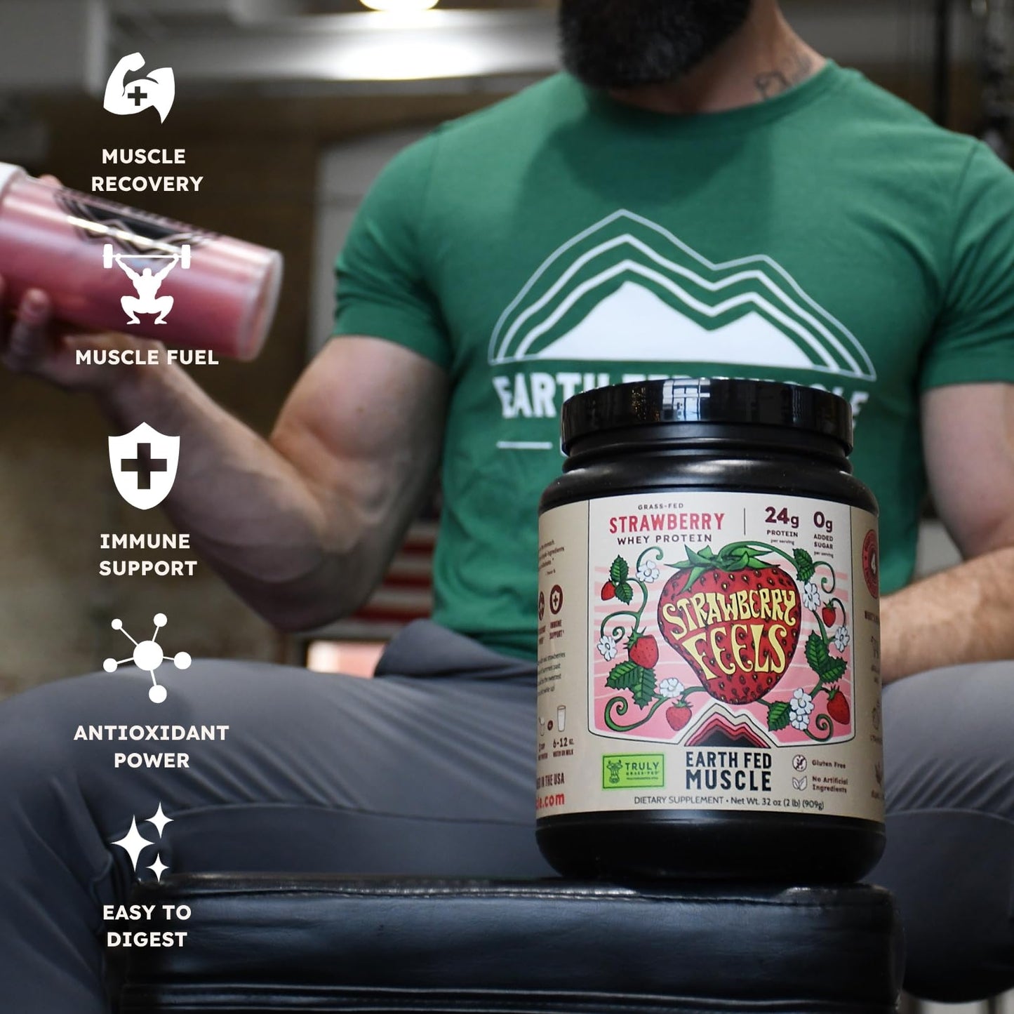 Earth Fed Muscle Strawberry Feels Forever Irish Grass Fed Whey Protein Isolate Powder, 32 Servings