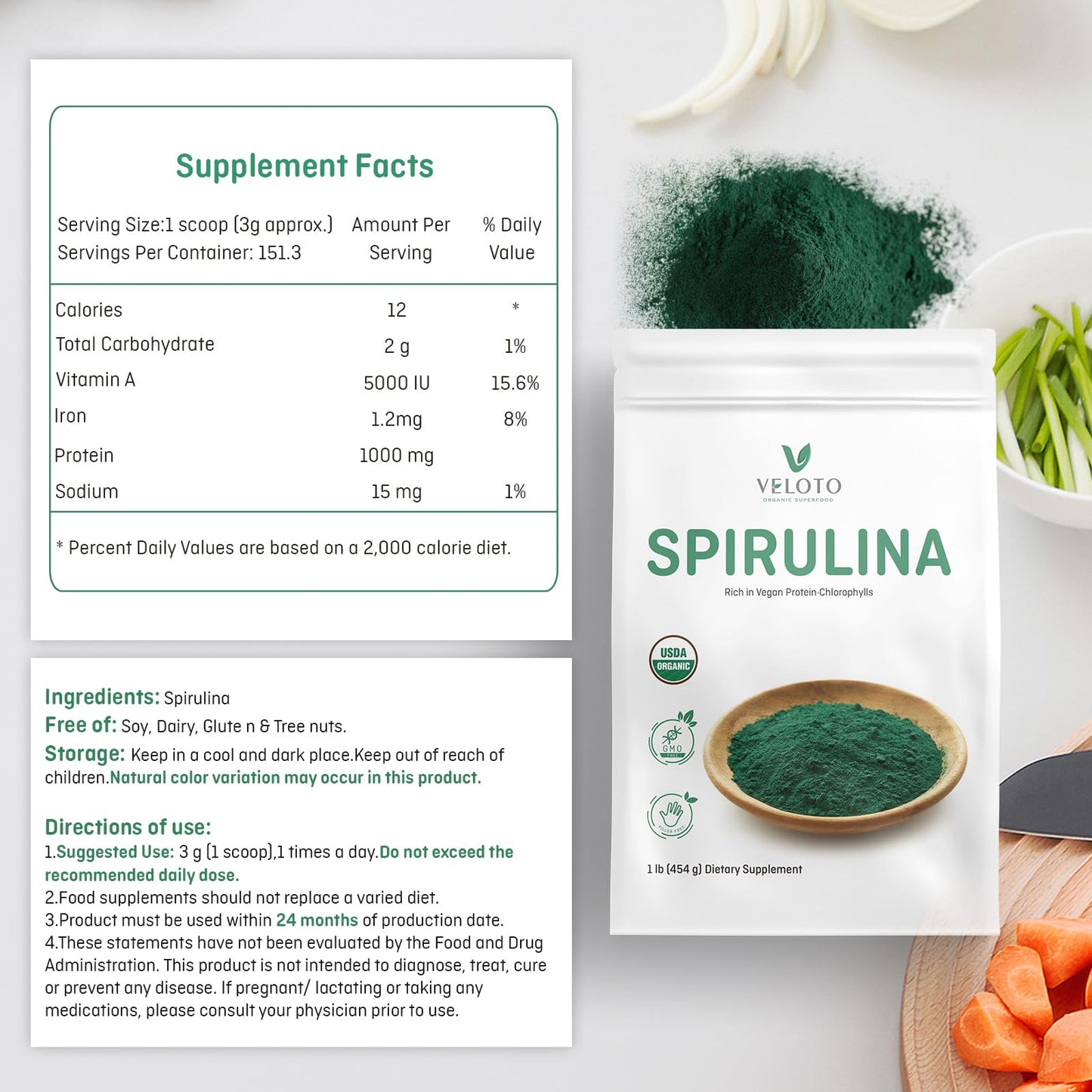 VELOTO Organic Spirulina Powder, 16 oz
