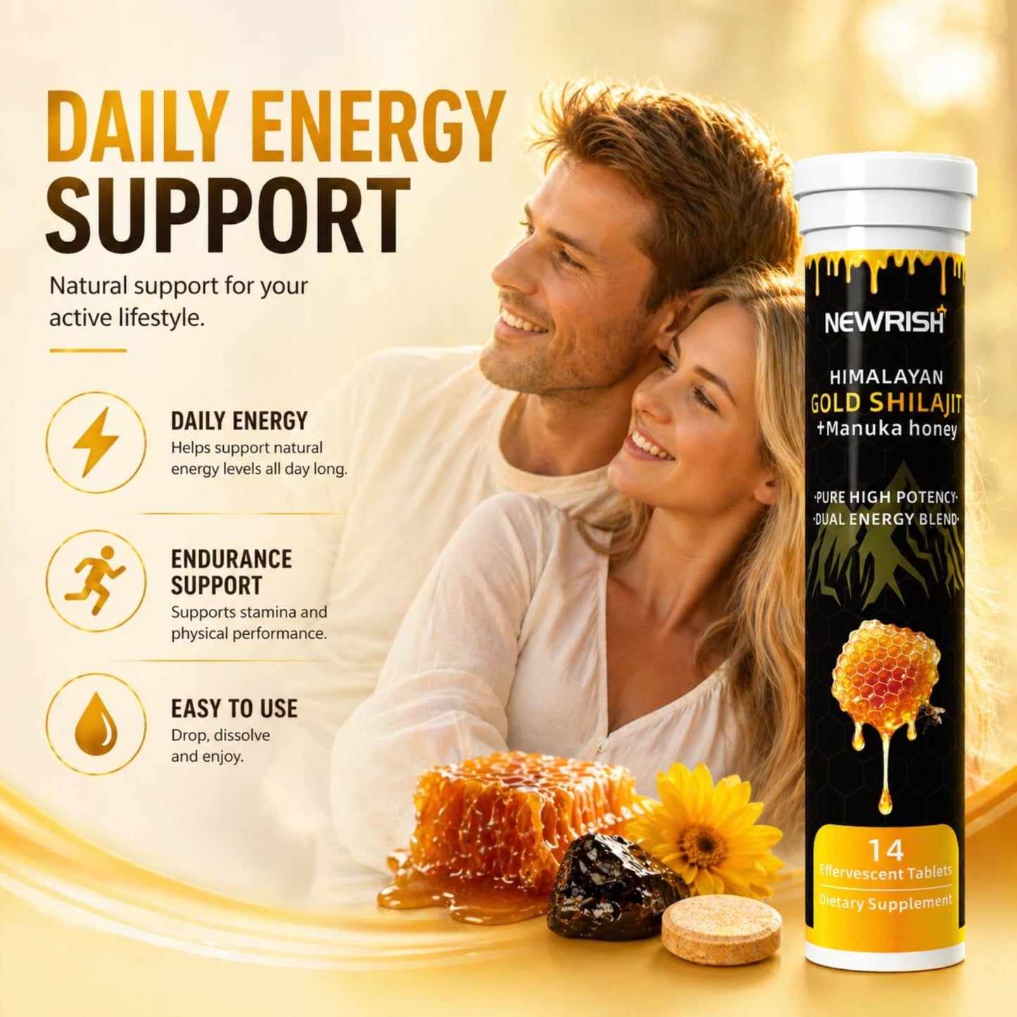 Newrish Shilajit Effervescent Tablets with Ashwagandha, Gokshura, Himalayan Shilajit, Fulvic Acid & 85+ Trace Minerals, Non-GMO, No Added Sugar, 28 Count