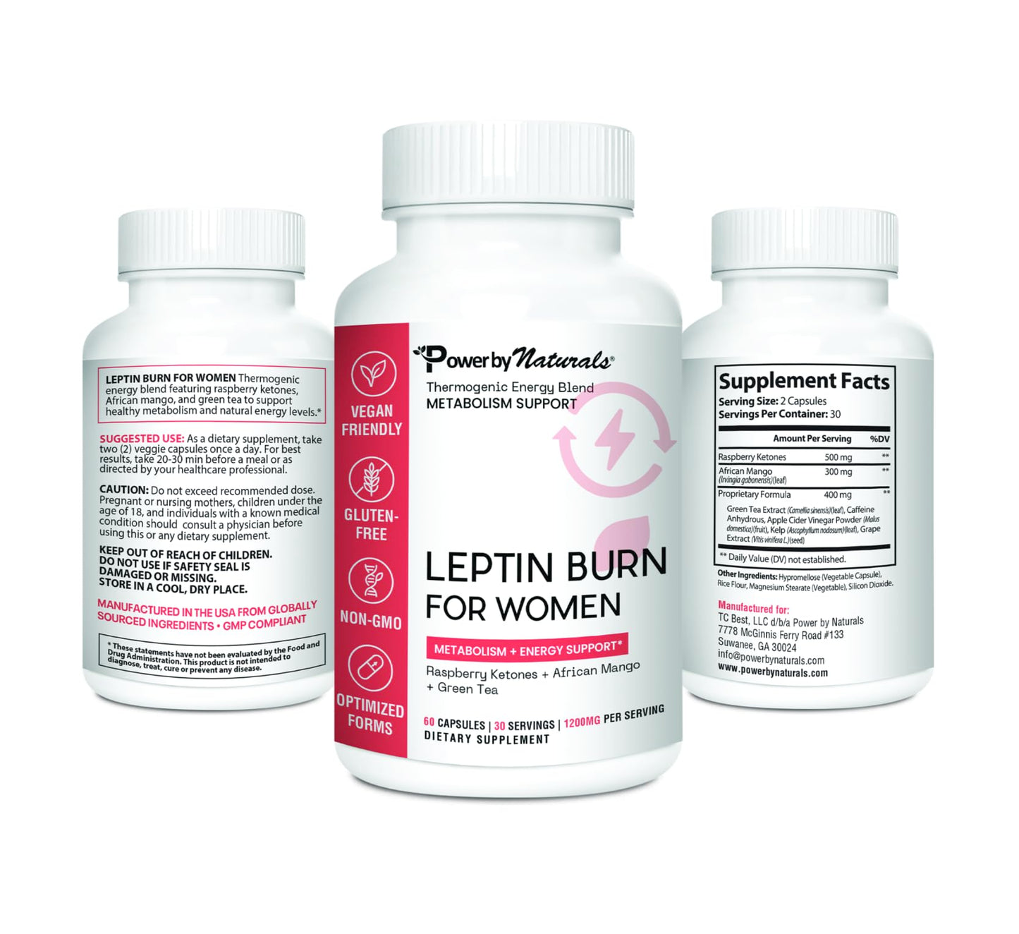 Power By Naturals LeptinBurn for Women – Weight Management Support with Green Coffee Bean, Garcinia & Green Tea Extract – Gluten-Free, Non-GMO, Vegan, 60 Capsules