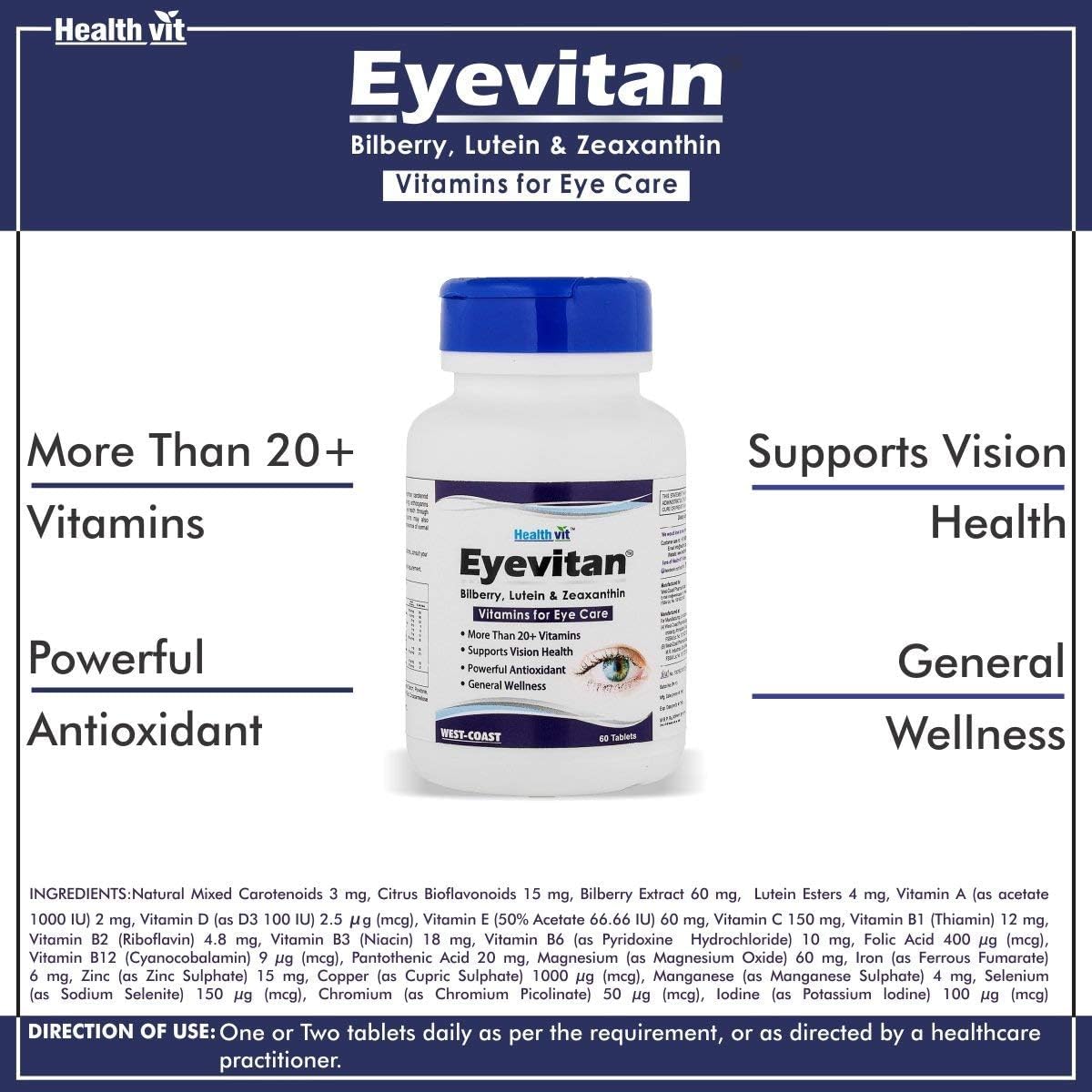 NACHT Eyevitan Eye Care with Bilberry Lutein Zeaxanthin Vitamins, 60 Tablets