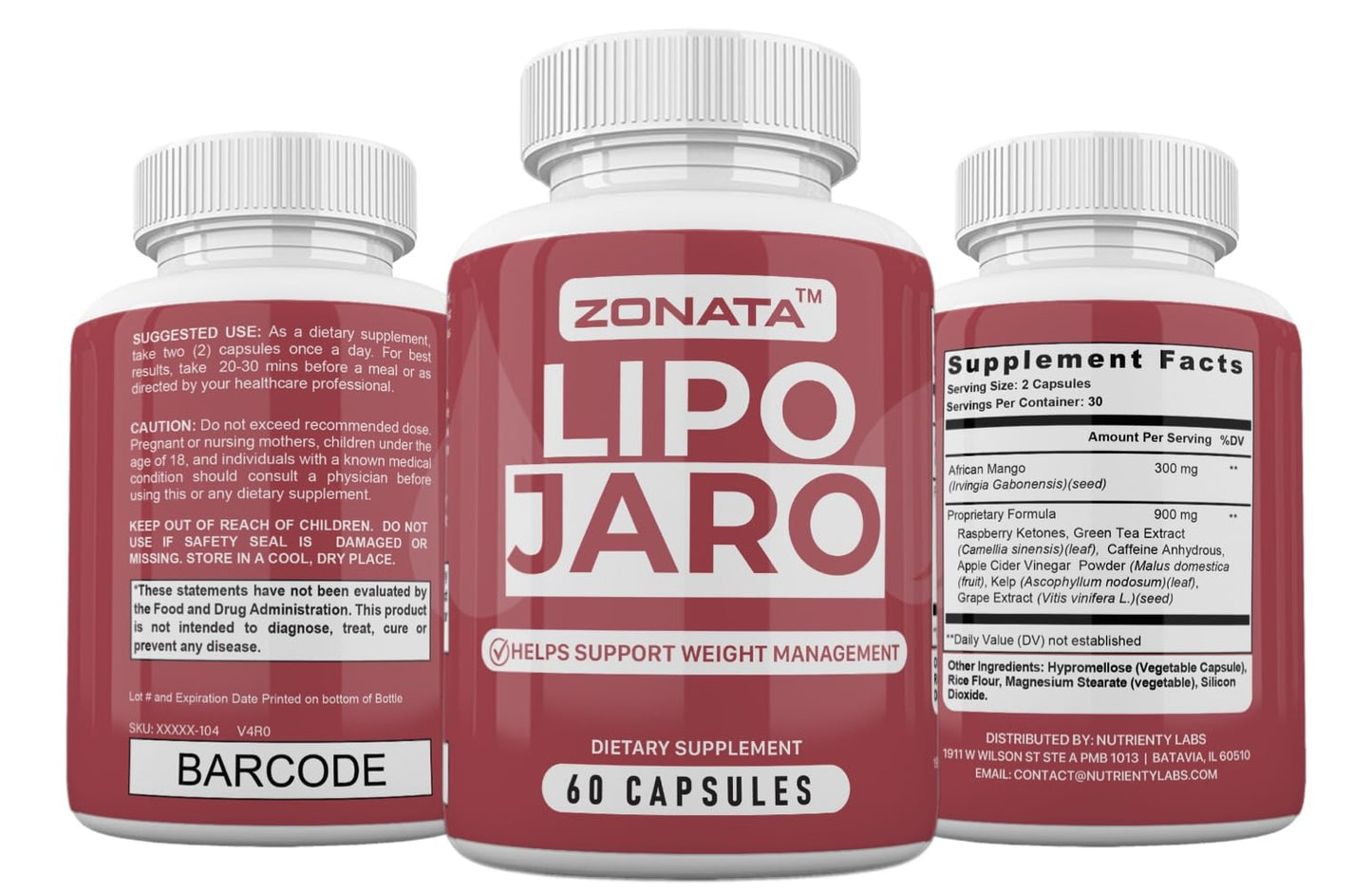 Zonata Lipojaro Capsules with Apple Cider Vinegar & Raspberry, 60 Count