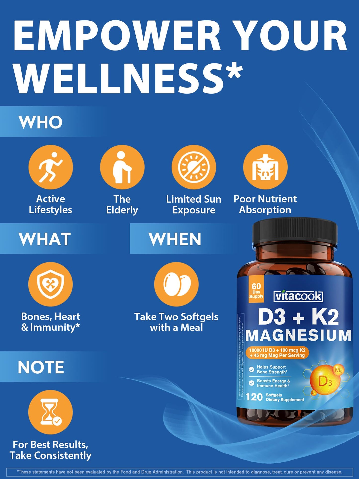 Vitacook Vitamin D3 K2 Magnesium Supplement Softgel 120 Softgels